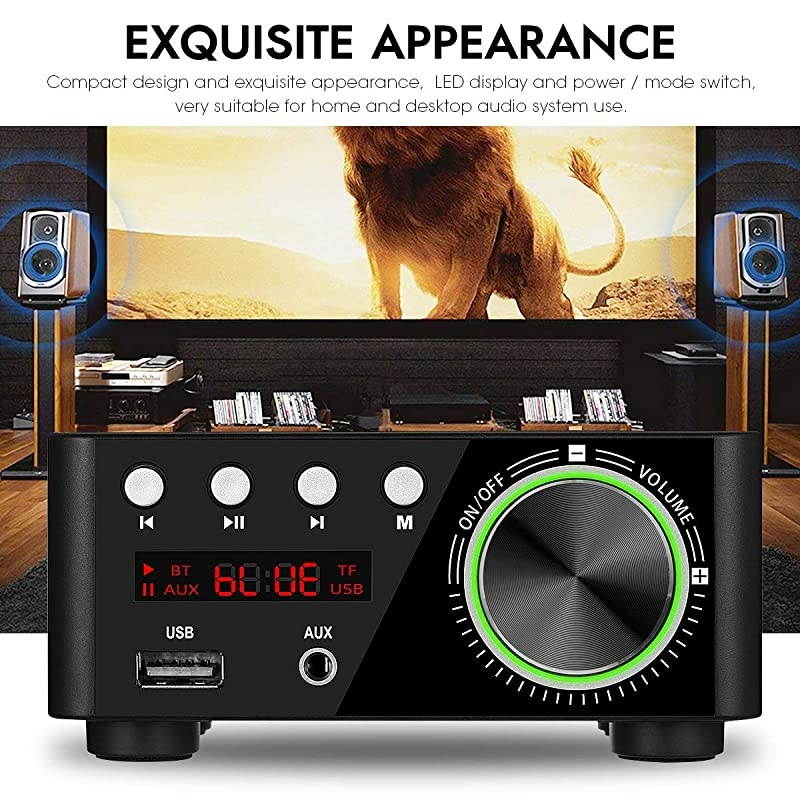 100W Mini Bluetooth 5.0 Power Amplifier Hi-Fi Stereo Class D Audio Amp 2.0 Channel Wireless Receiver Lossless Music Player TF USB Home Speaker (Black)