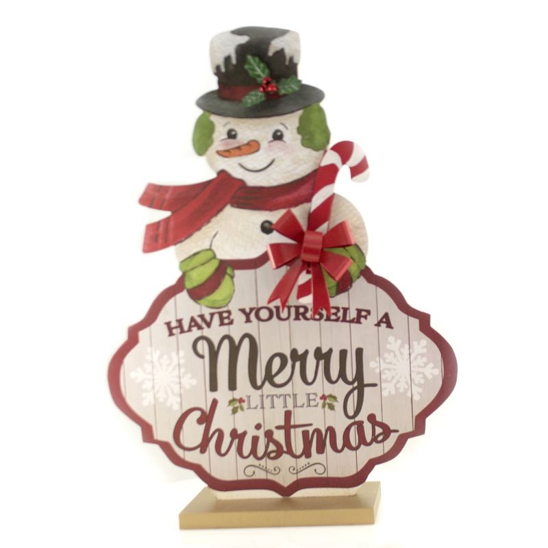 Christmas 21.75" Merry Christmas Snowman Sign Candy Cane Free Standing  -  Decorative Figurines