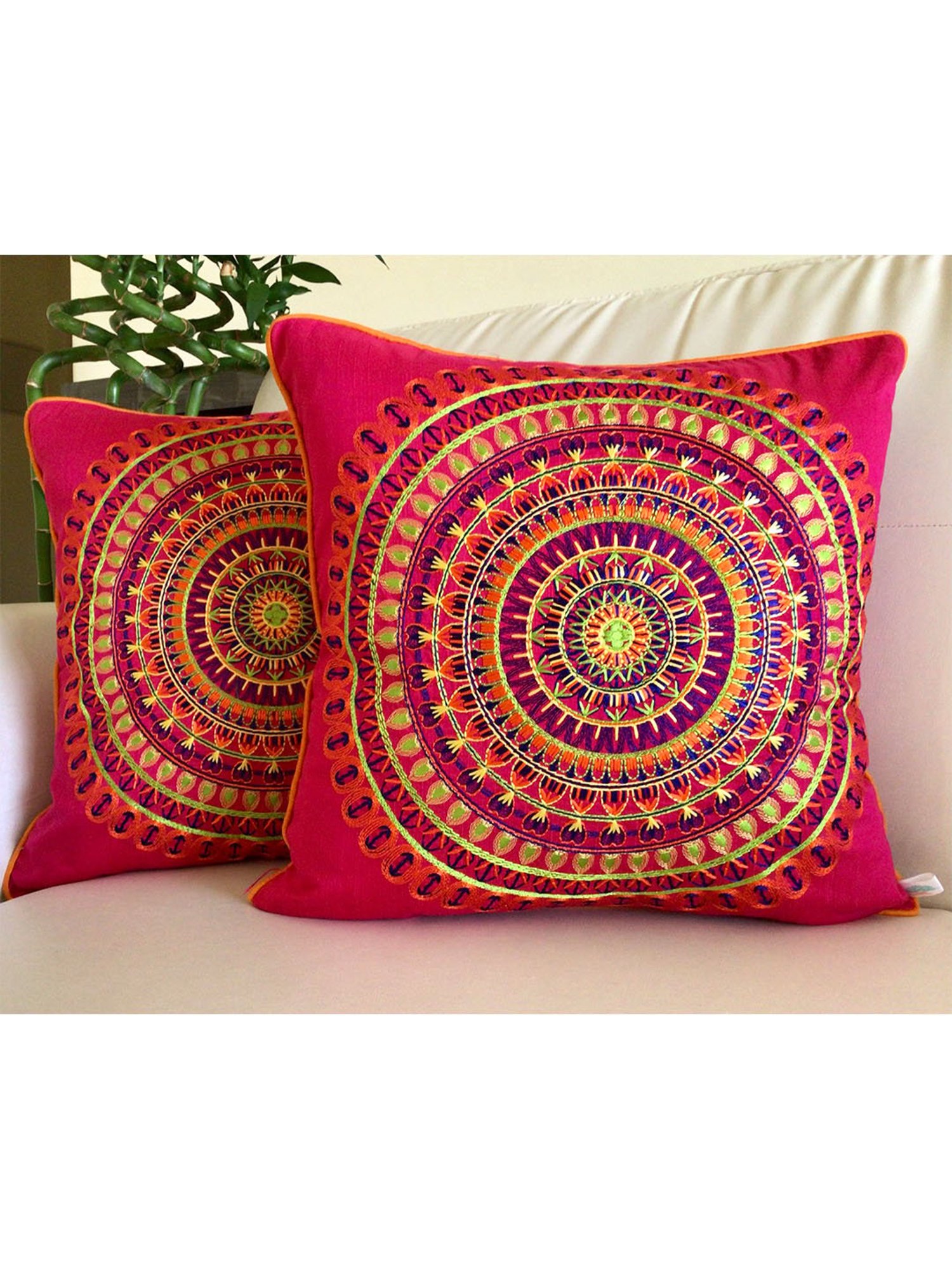 TARA Sparkling Homes Pottery of Poland Orange Cotton Silk Embroidery Cushion Cover