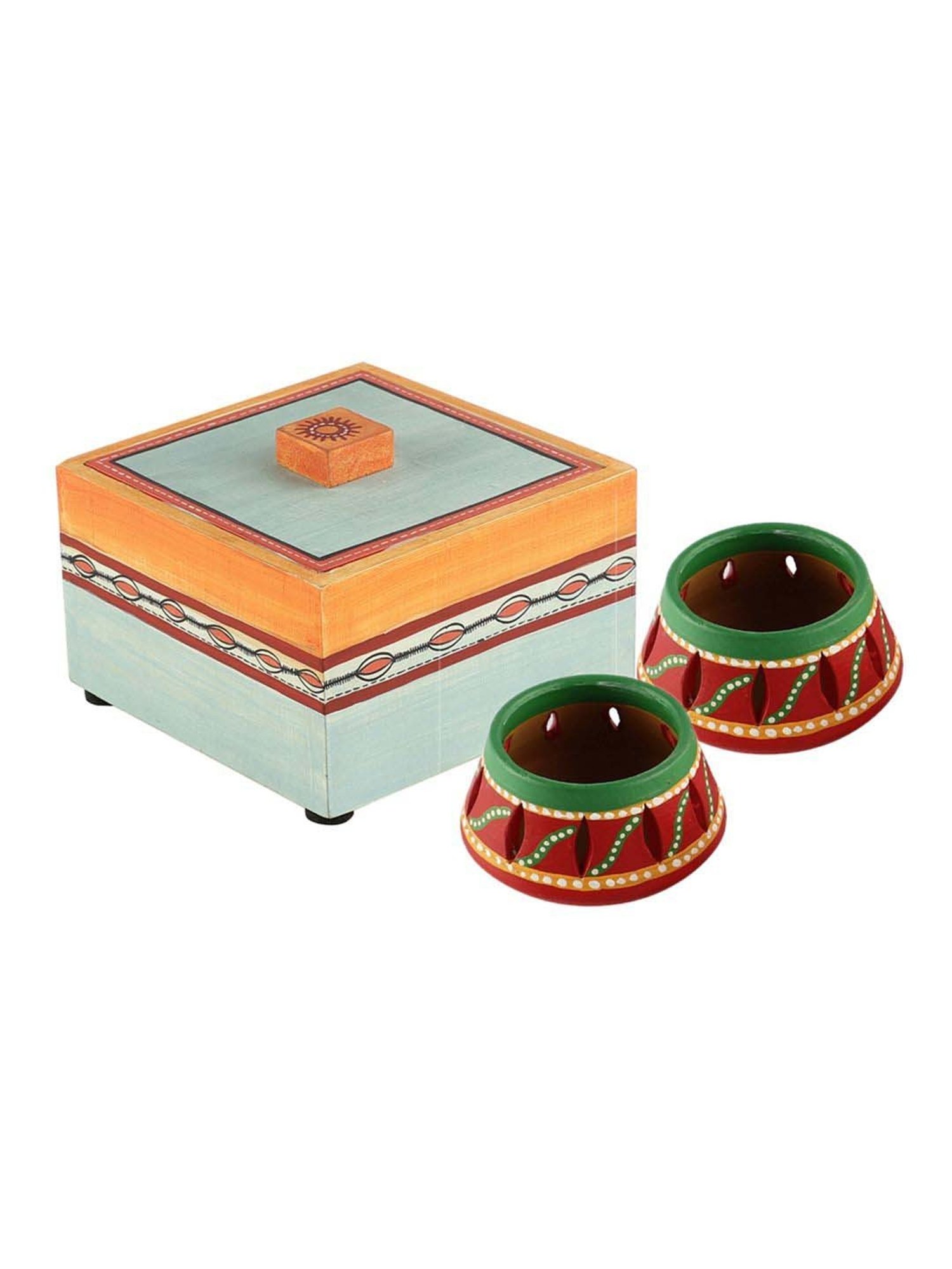VarEesha Upahaar Blue & Red Wood Decorative Gift Box with 2 Tea Light Holders