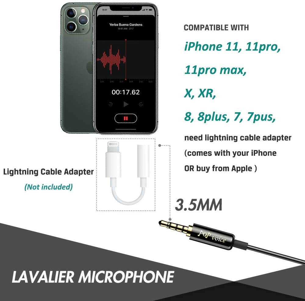 PoP voice Professional Lavalier Lapel Microphone Omnidirectional Condenser Mic for iPhone Android Smartphone,Recording Mic for Youtube,Interview,Video