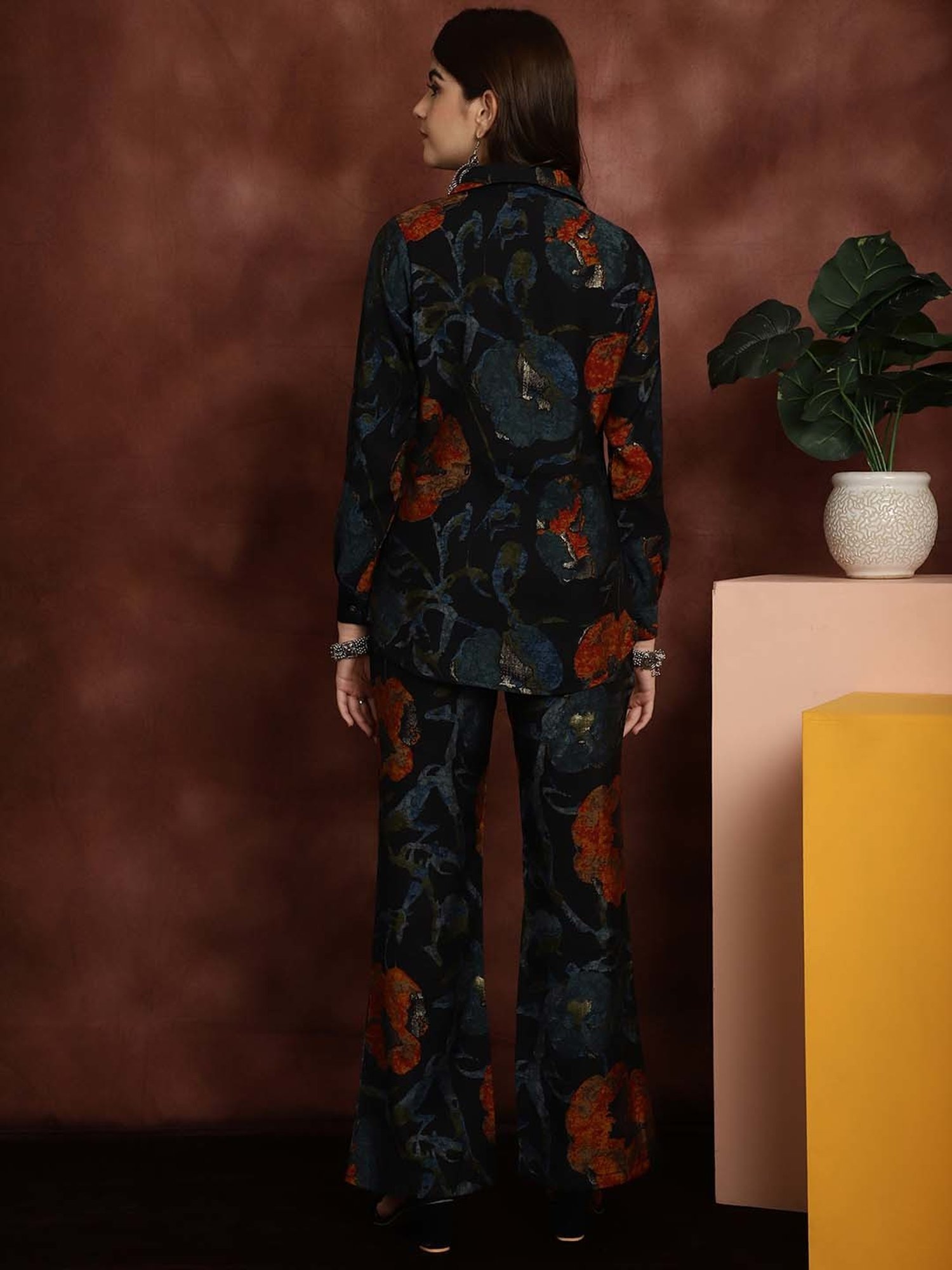 Claura Navy Printed Shirt Pant Set