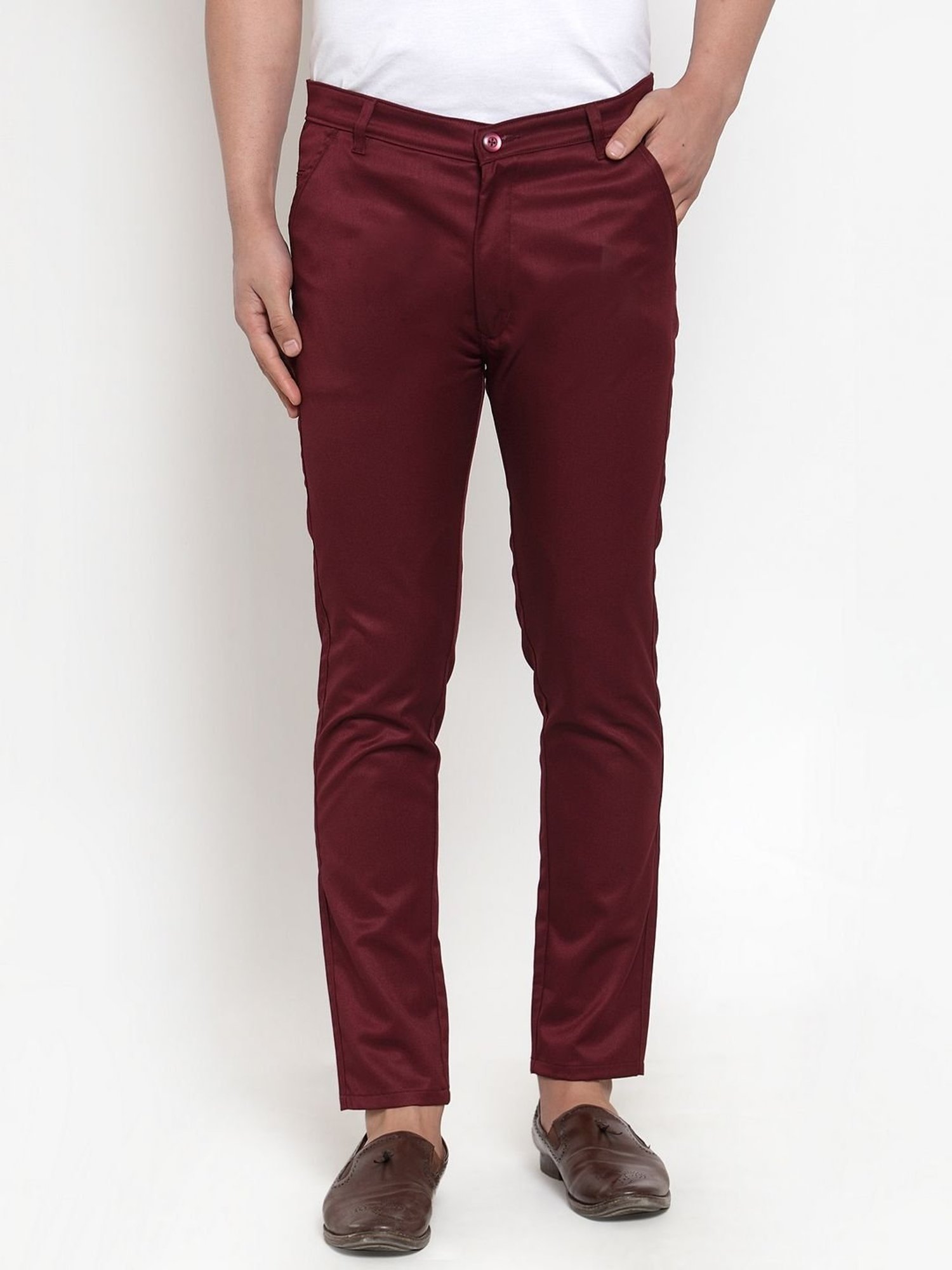 Jainish Maroon Cotton Tapered Fit Flat Front Trousers