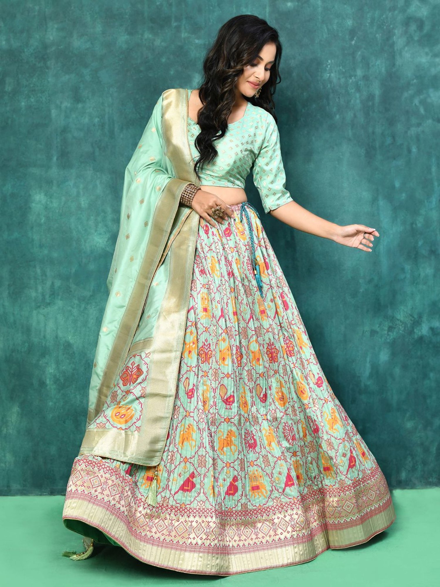 Elora Turquoise Woven Pattern Semi Stitched Lehenga Choli Set With Dupatta