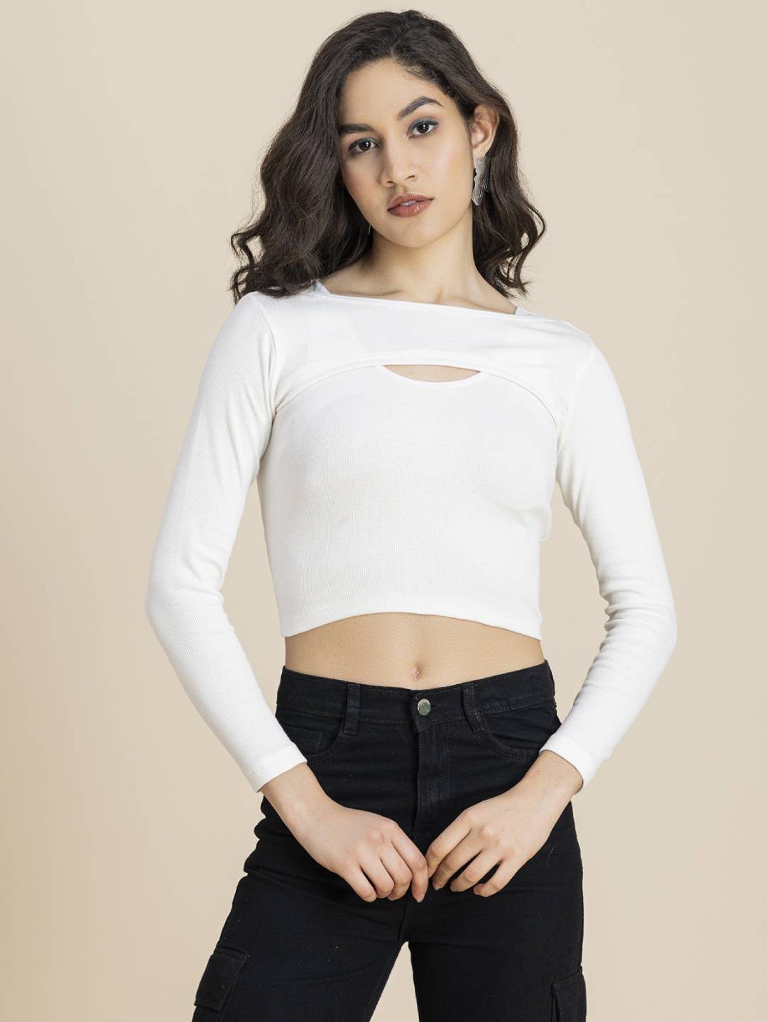 Moomaya White Slim Fit Crop Top