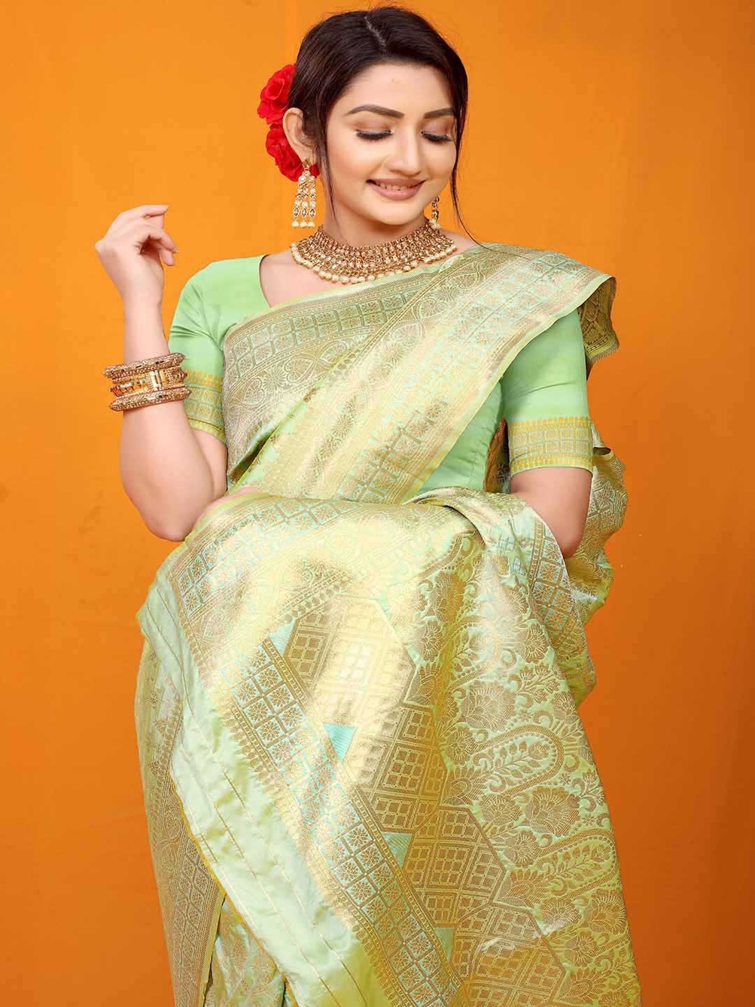 SHUBHKALA Pista Green Silk Woven Saree With Unstitched Blouse