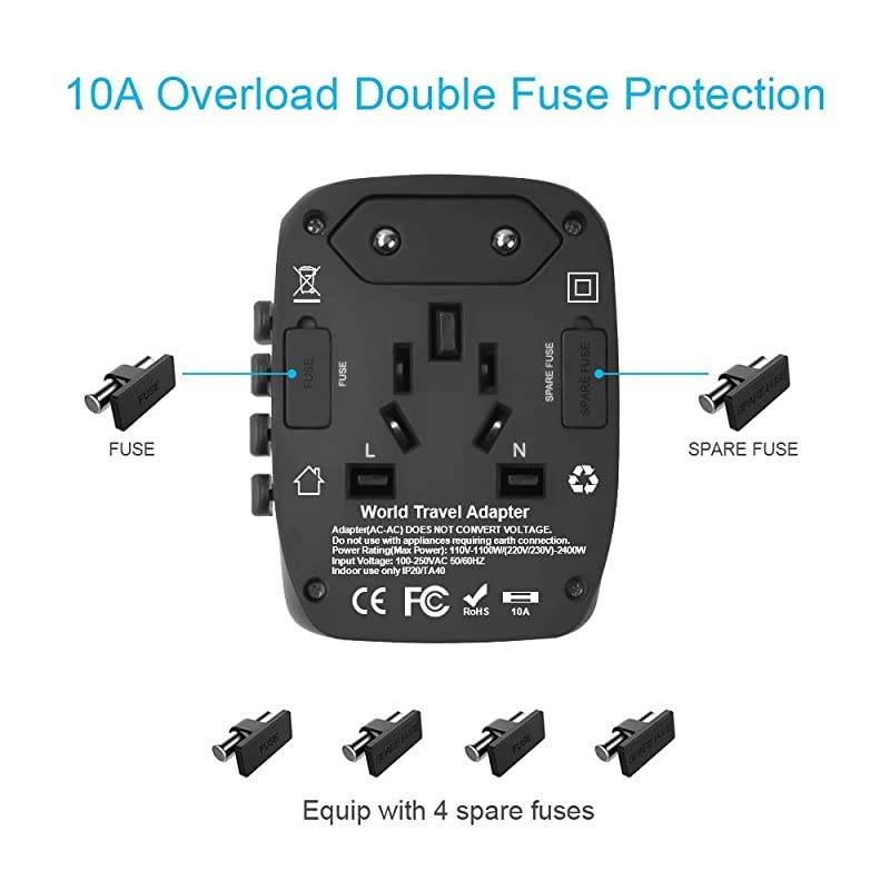 Adapter, 2400W International Power Adapter, Universal Adapter with 4 USB Ports, Perfect for UK, EU, AU, US, Over 150 Countries (Black)
