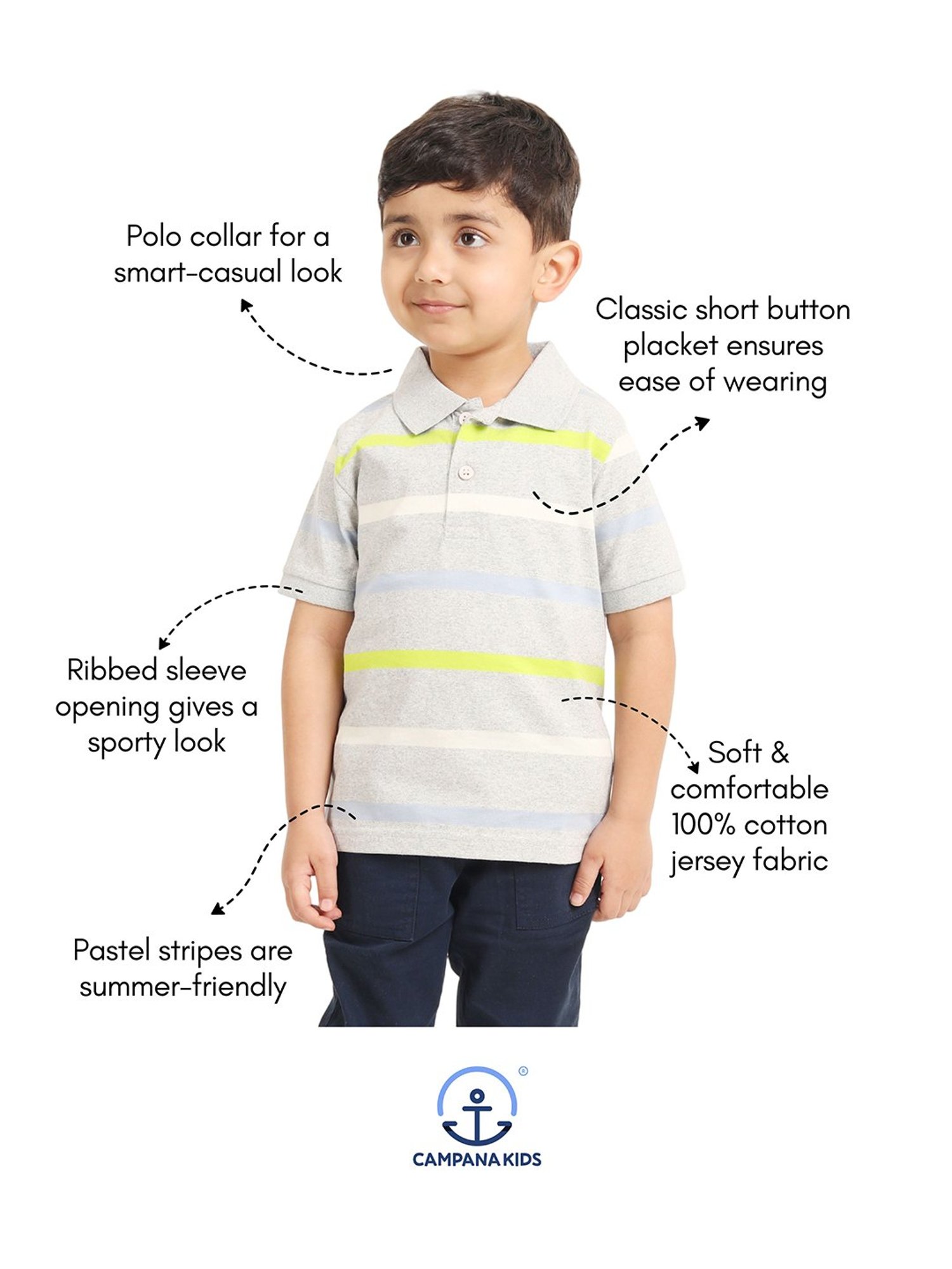 Campana Kids Grey Striped Polo T-Shirt