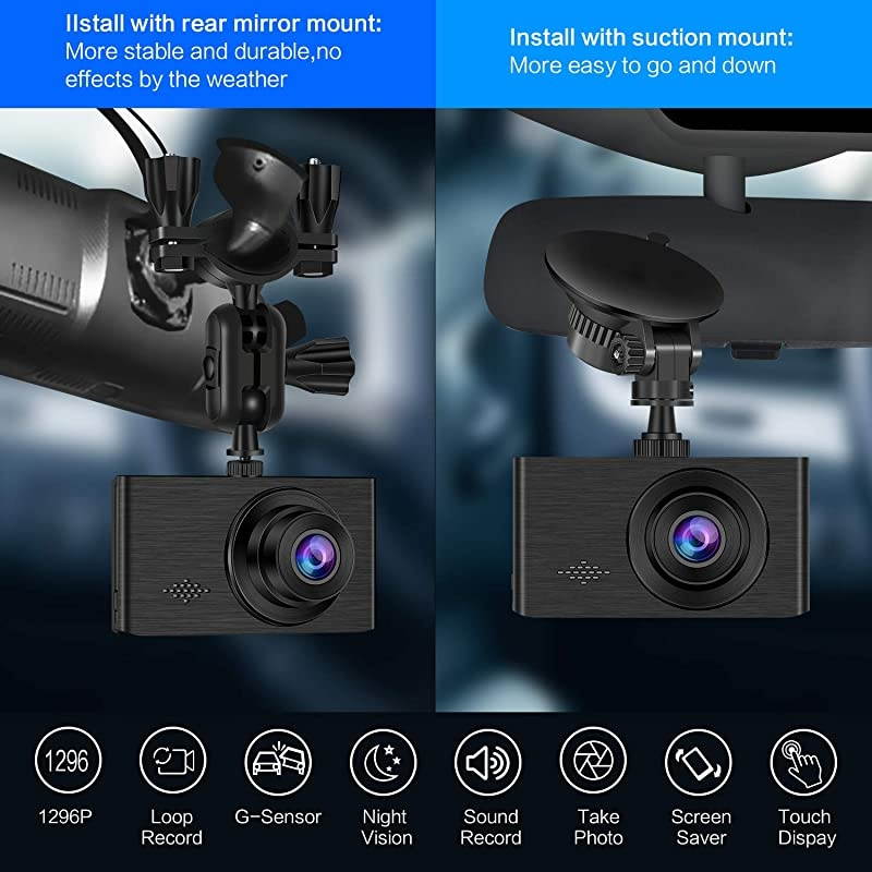 Cam for Cars 1296P FHD Camera Super Night Vision 3 Inch Touch Screen with Rearview Mirror Mount Suction Cup Mount Built-in G-Sensor Looping