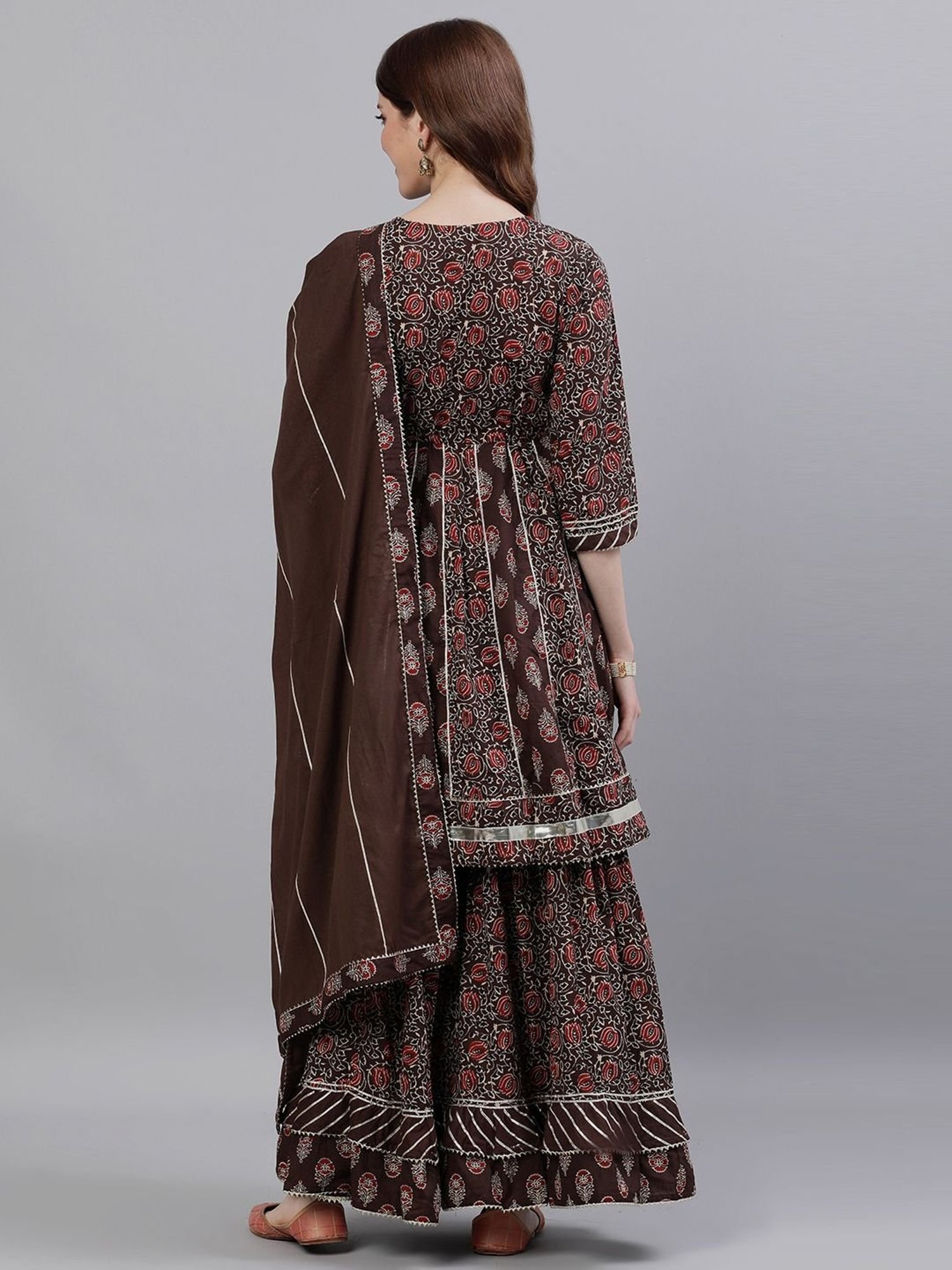 Ishin Brown Cotton Embroidered Kurta Sharara Set With Dupatta
