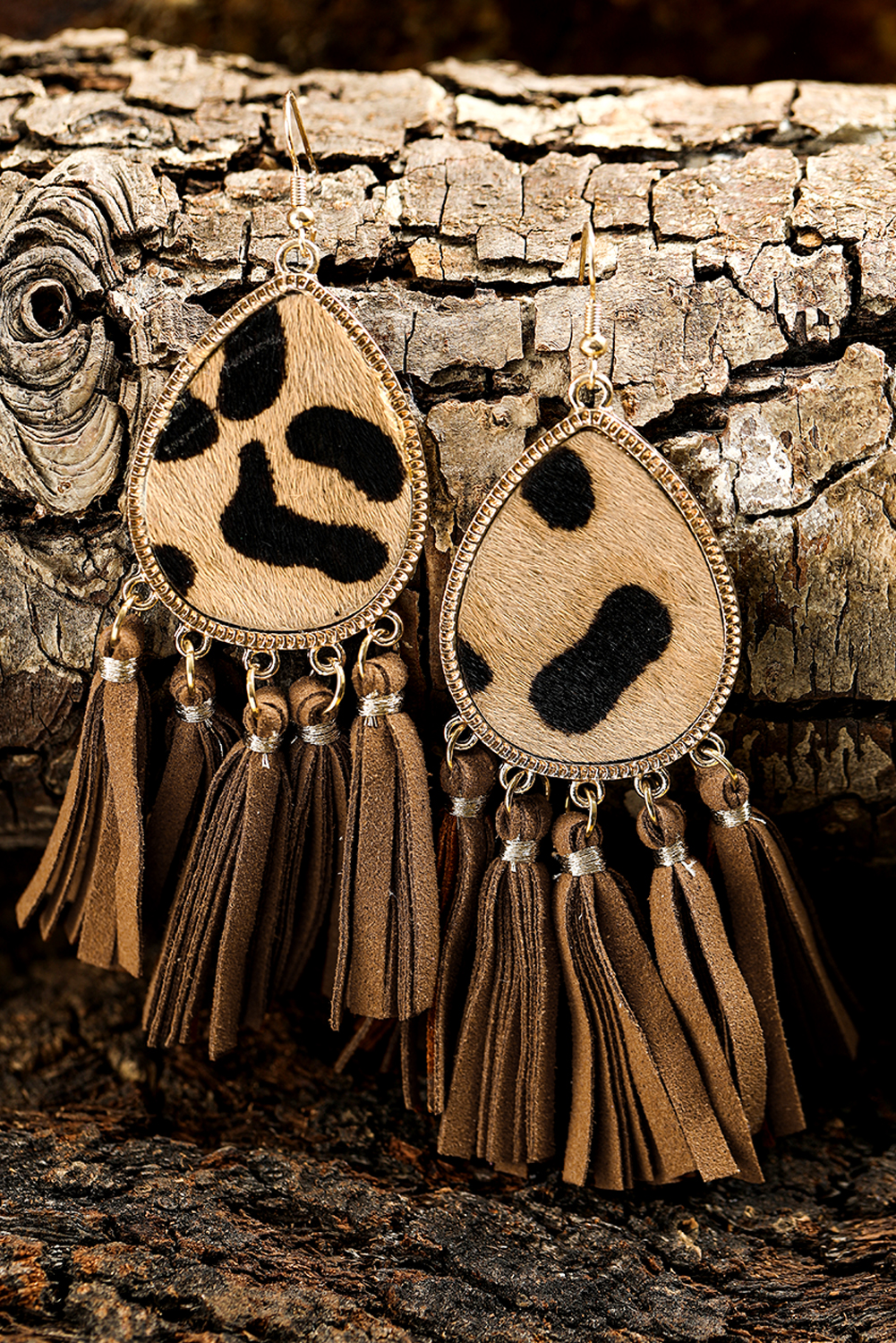 Khaki Hollow Out Wooden Chip Round Drop Earrings