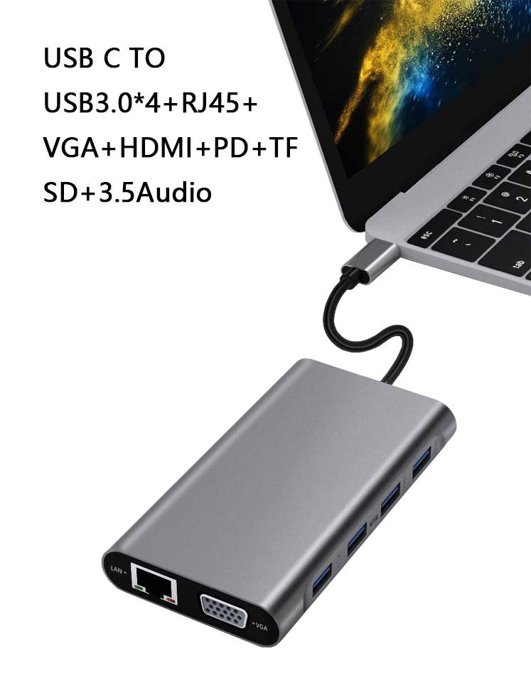 USB C Hub, Type C Hub, 11-in-1 Adapter with Ethernet, 4K USB C to HDMI, VGA, 2 USB3.0 2 USB2.0, Micro SD/TF Card Reader, Mic/Audio, USB-C Pd 3.0, Compatible for Mac Pro and Other Type C Laptops