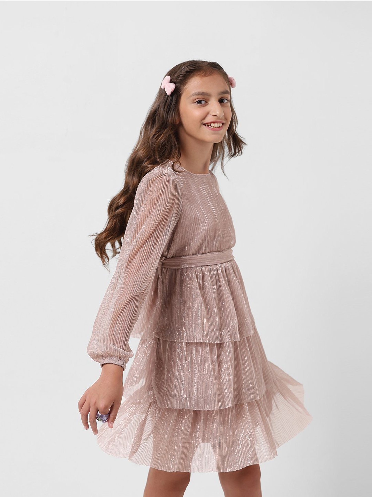 VERO MODA GIRL Pink Shimmer Full Sleeves Dress with Belt