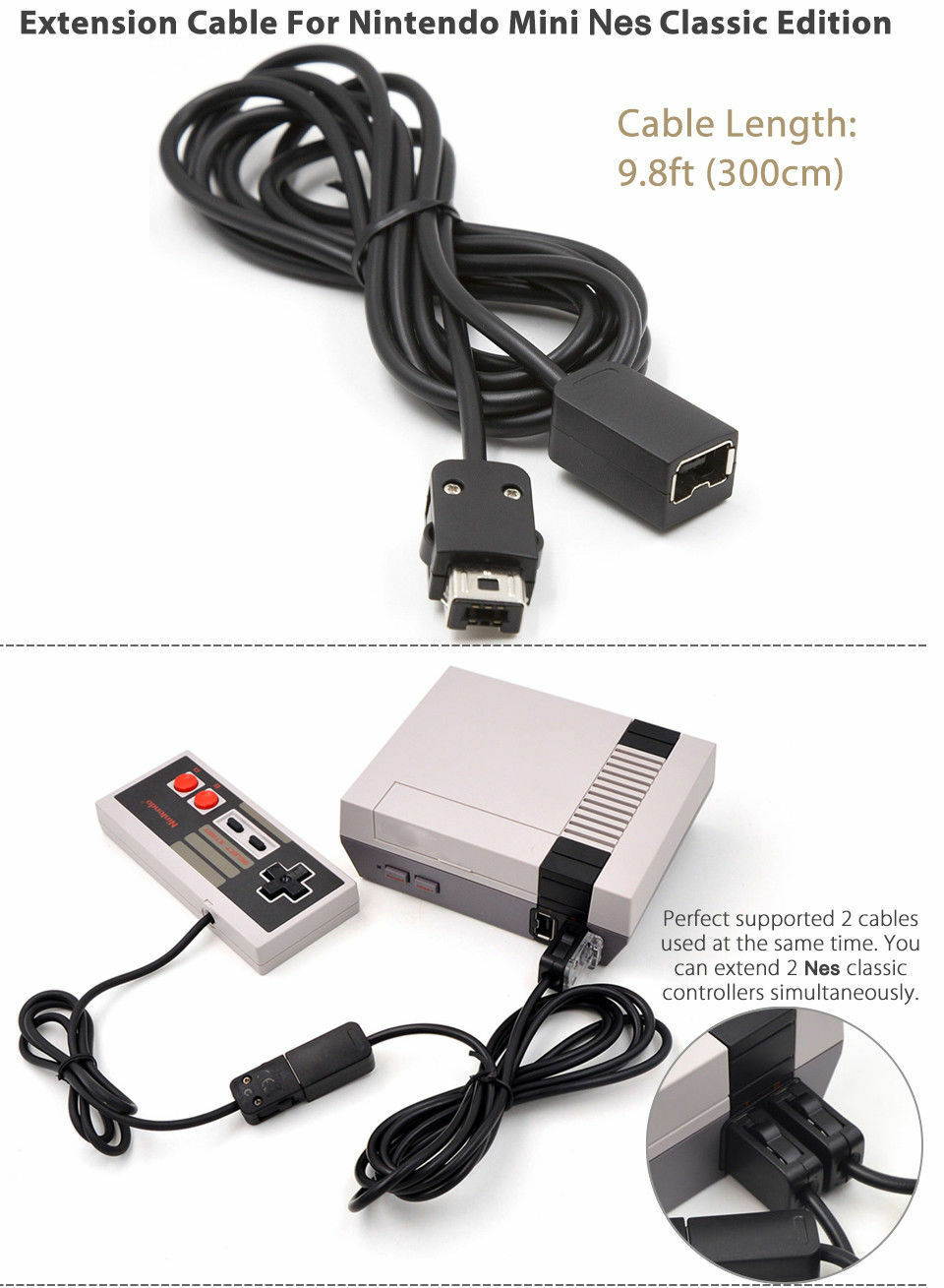 2Pcs 10ft Controller Extension Cable Cord for Super Nintendo Mini NES SNES Classic Edition Console Wii, Wii U RC