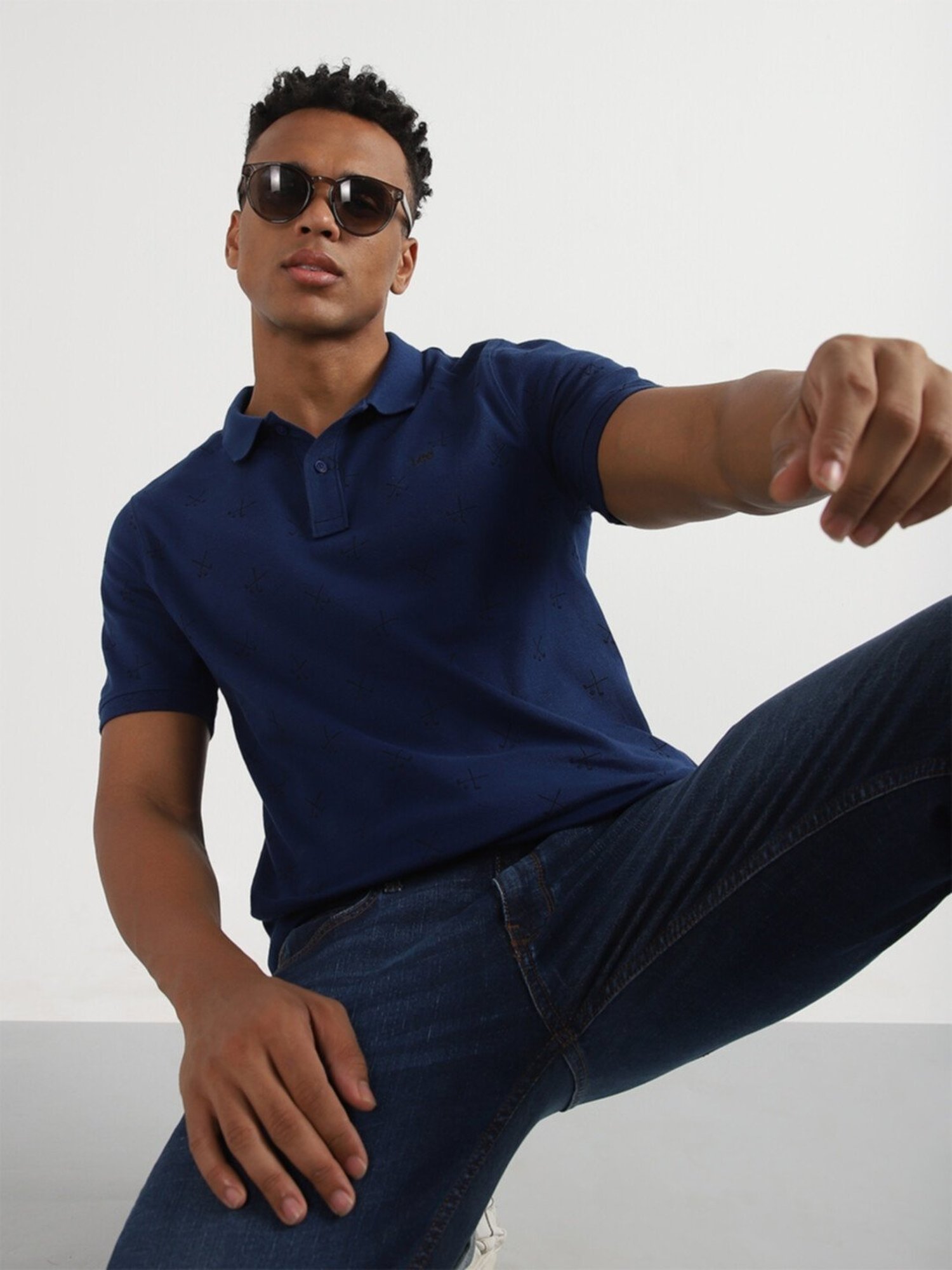 Lee Navy Cotton Slim Fit Printed Polo T-Shirt