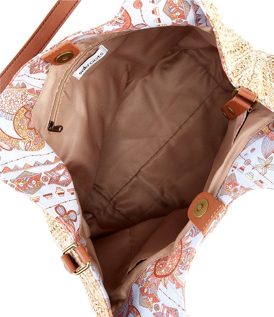 Sakroots Roma Straw Canvas Snap Floral Hobo Tassel Bag