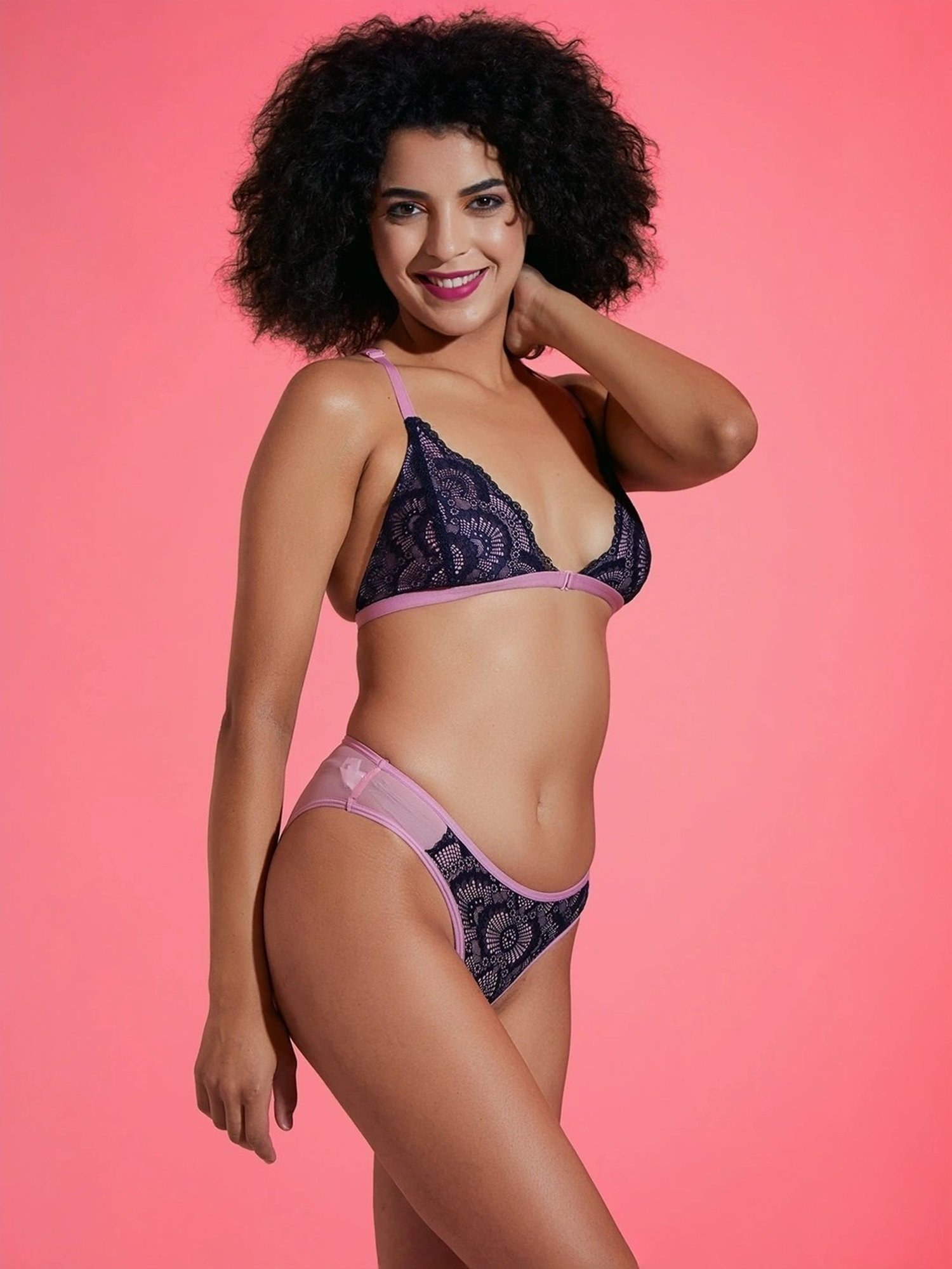 Clovia Pink & Navy Non-Wired Non-Padded Bra & Panty Set