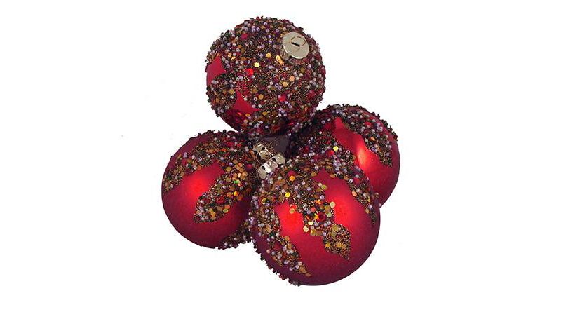 Barcana 4ct Red Shatterproof Glitter Sequin Beaded Christmas Ball Ornaments 3.25" (80mm)