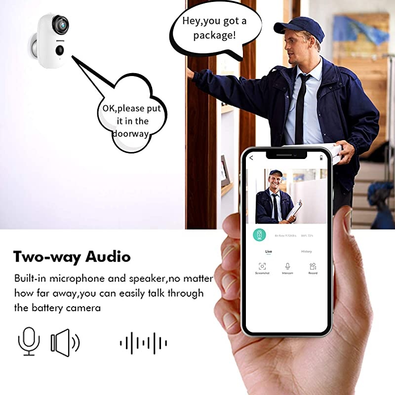 Rechargeable Battery Powered WiFi Camera, Home Security Camera, Night Vision, Indoor/Outdoor, 1080P Video with Motion Detection, 2-Way Audio, Waterproof, compatible with Cloud Storage/SD Slot
