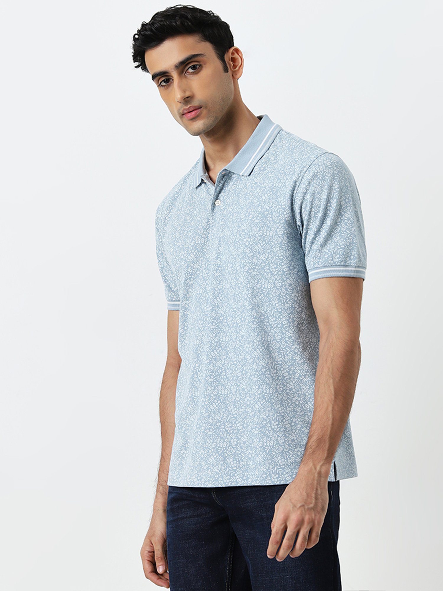 WES Casuals by Westside Dusty Blue Floral Relaxed-Fit Polo T-Shirt