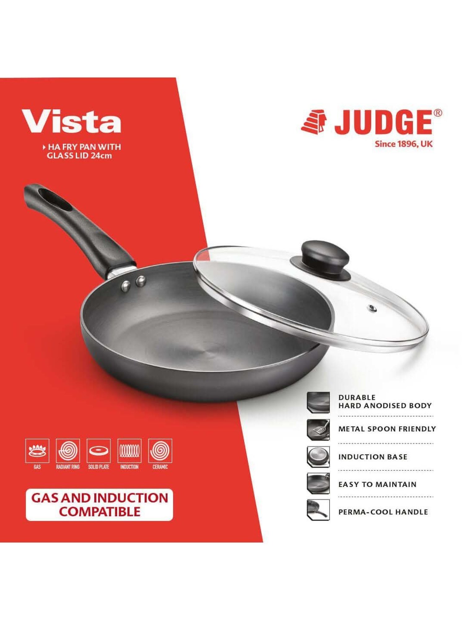 JUDGE Black & Transparent Hard Anodised 24 cm Induction Compatible Fry Pan With Glass Lid (1.7 L)