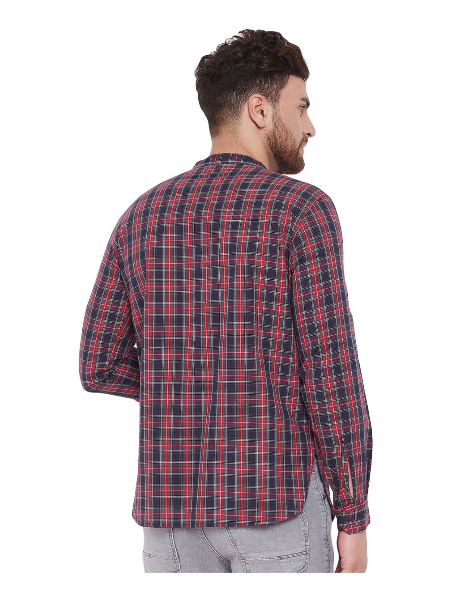 Even Red & Navy Cotton Regular Fit Checks Short Kurta