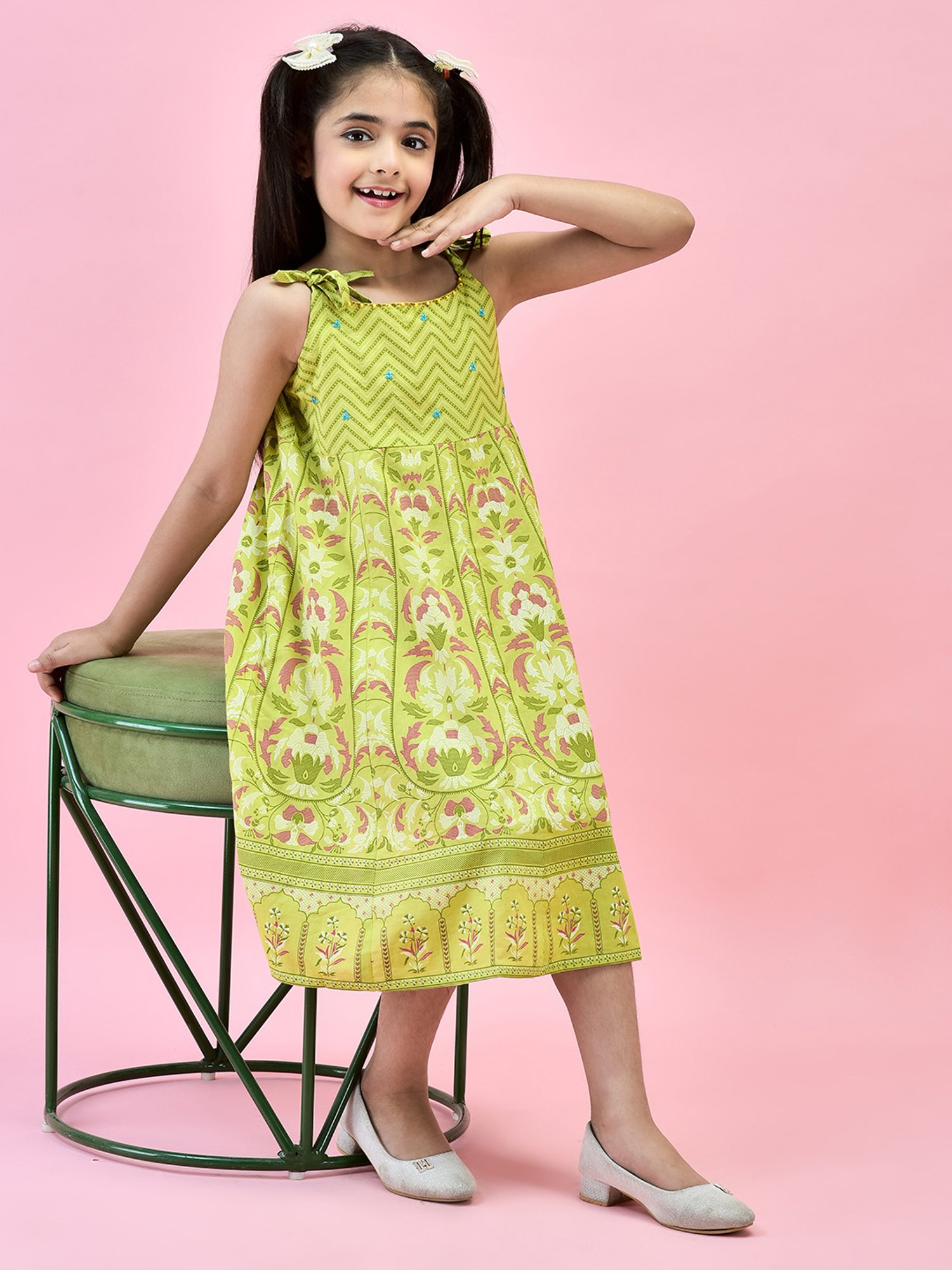 Juniper Girls Green Floral Print Anarkali Dress