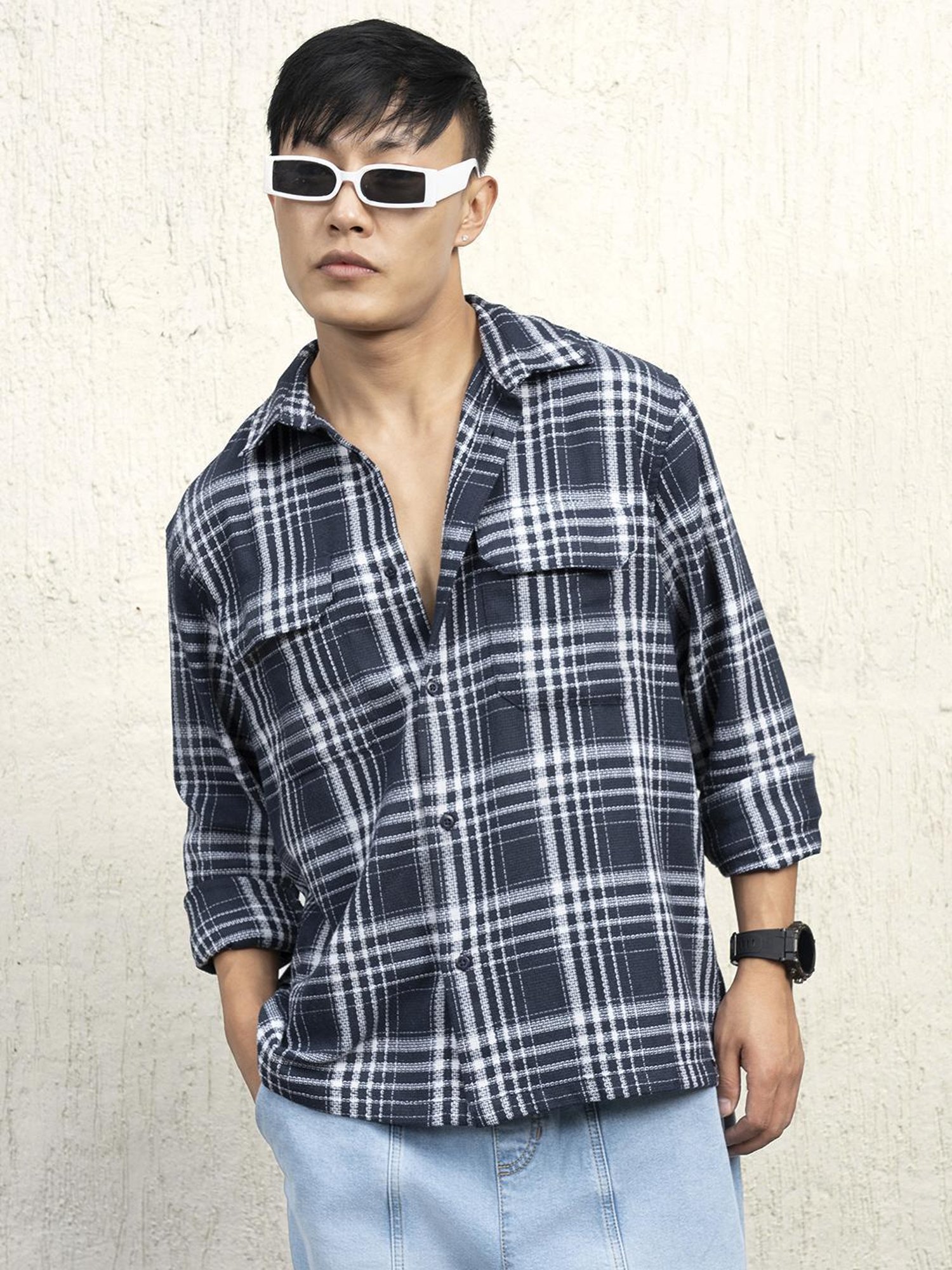 Hubberholme Men Cotton Long Sleeves Oversized Checked Double Pocket Shirt 17