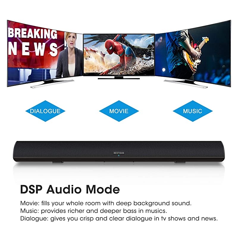 Bestisan Sound bar with Strong Bass Wireless Bluetooth 50 Audio Speakers for TV 3D Stereo Surround 28 Inch 60W DSP Bass AdjustableOpticalAUXRCA Wall Mountable