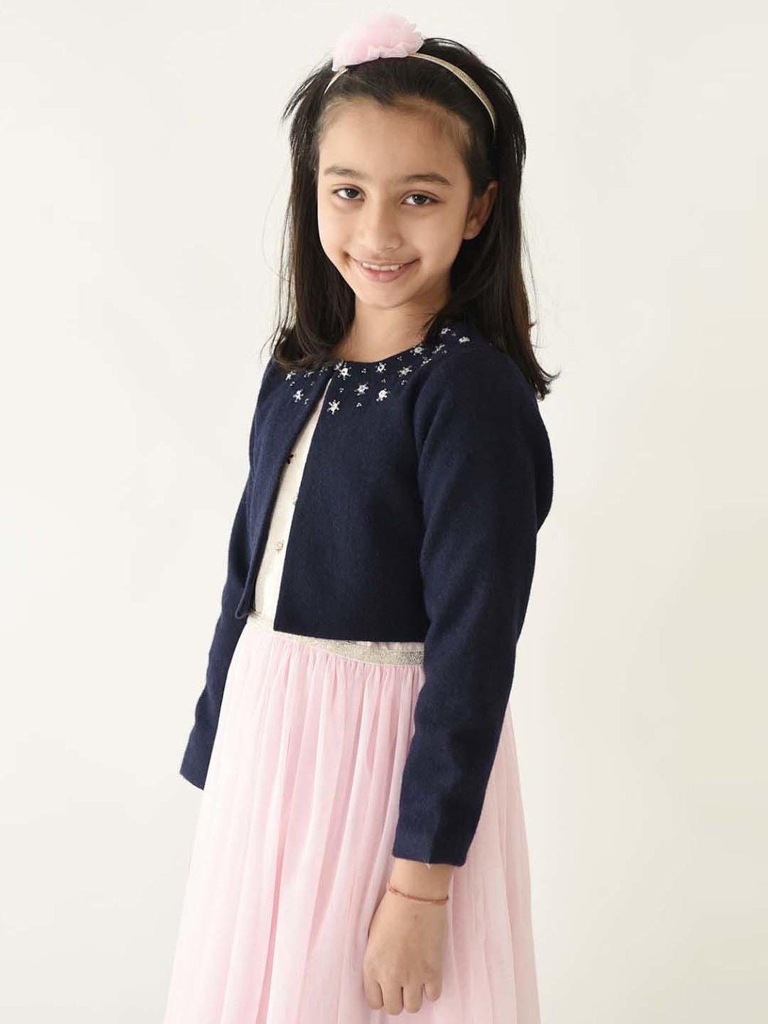 A Little Fable Navy Embroidered Full Sleeves Shrug