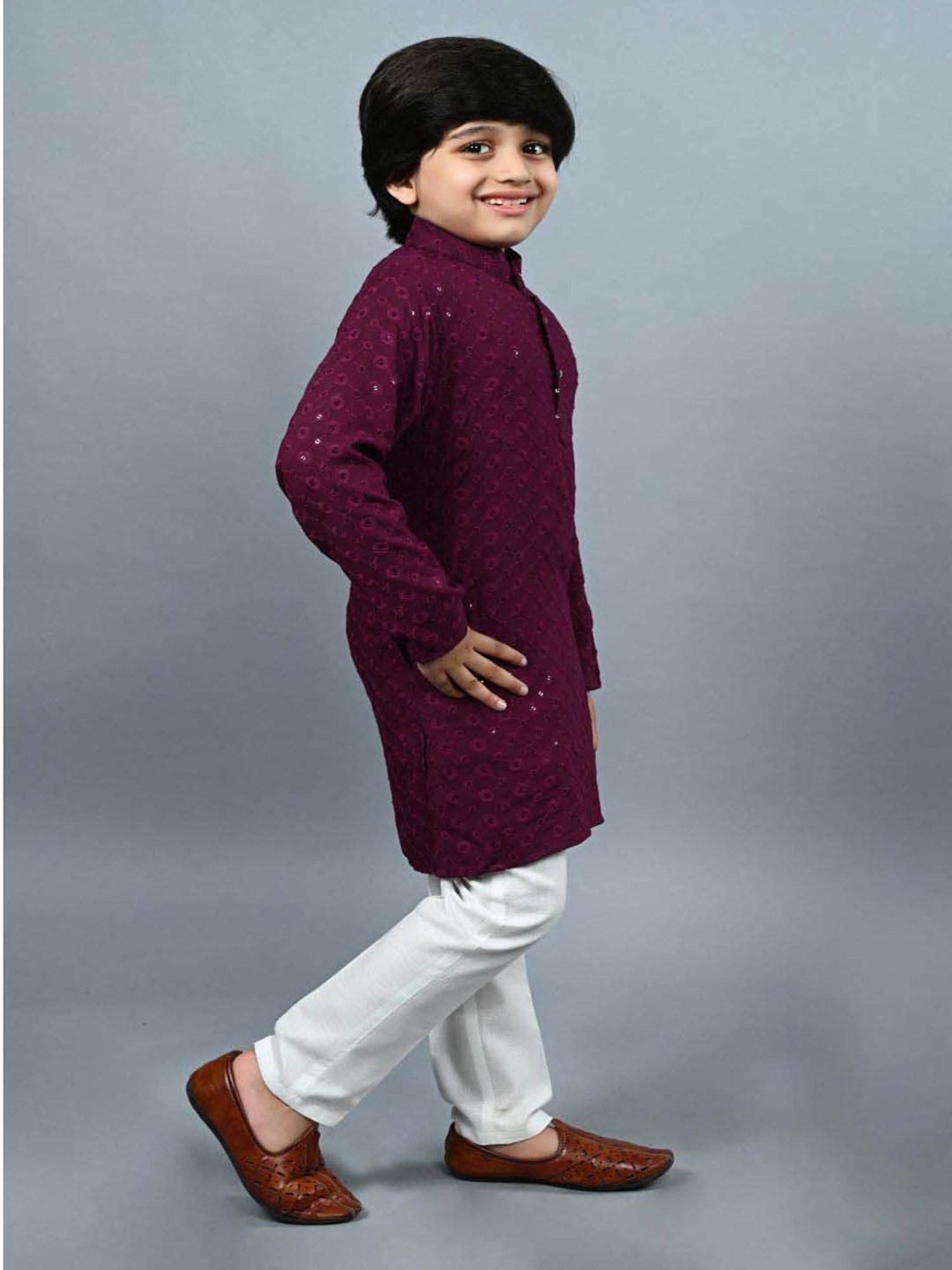Ahhaaaa Kids Purple & White Cotton Embroidered Full Sleeves Kurta Set