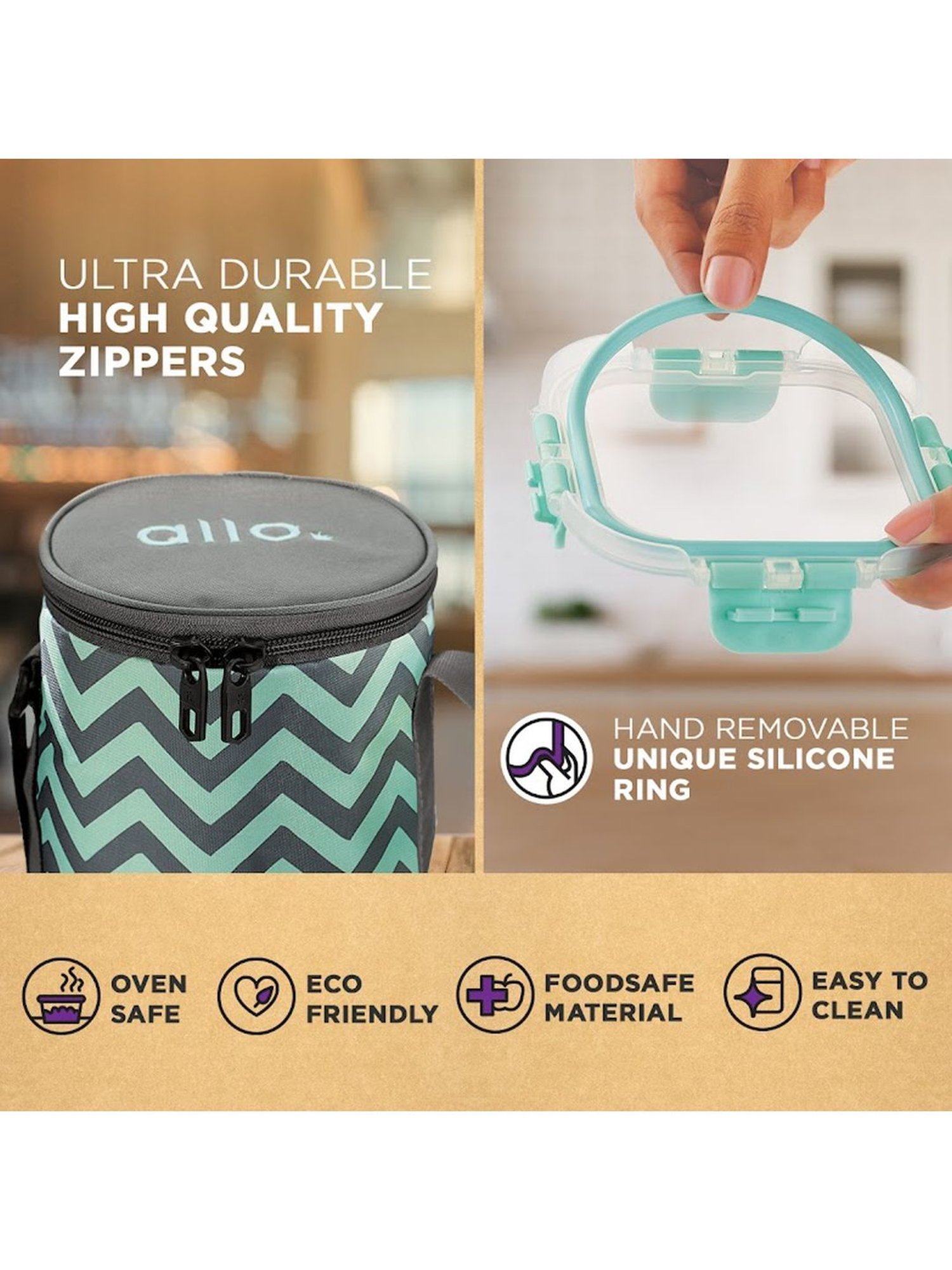 Borosilicate Glass Lunch Box Microwave Oven Safe with Detachable Lock and Chevron Mint Tiffin Bag