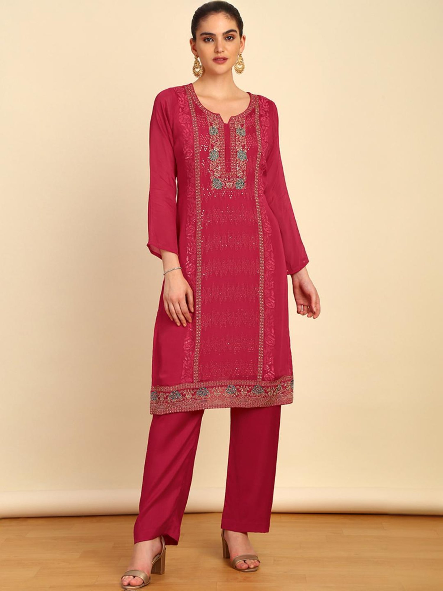 Soch Womens Magenta Crepe Unstitch Dress Material With Sequins