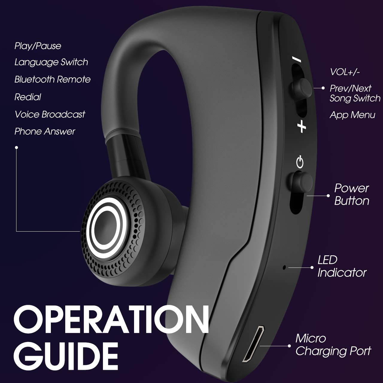 ESTONE Ear Hook Bluetooth Wireless Headphones  with Mic Cell Phone Noise Cancelling Bluetooth Earpiece 6-Hr Playing Time with Noise Cancelling Ear Hooks for Business/Office/Driving Call(Black)