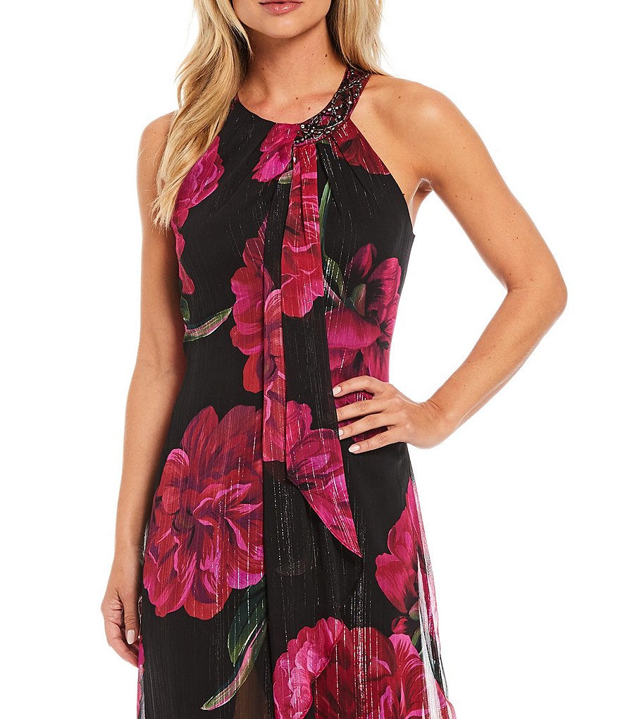 Kay Unger Long Bishop Sleeve V-Neck Crepe A-Line Dress