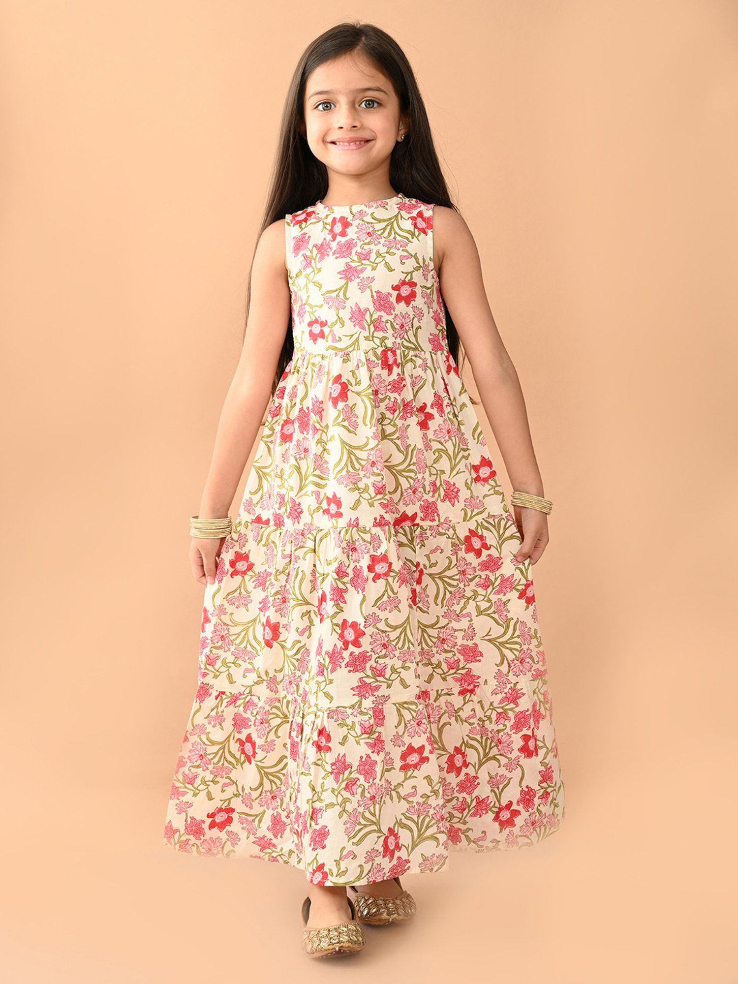LilPicks Kids Beige Floral Print Maxi Dress