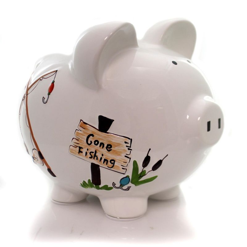 Bank 7.75" Gone Fishing Pig Bank Net Rod Reel Save  -  Decorative Banks