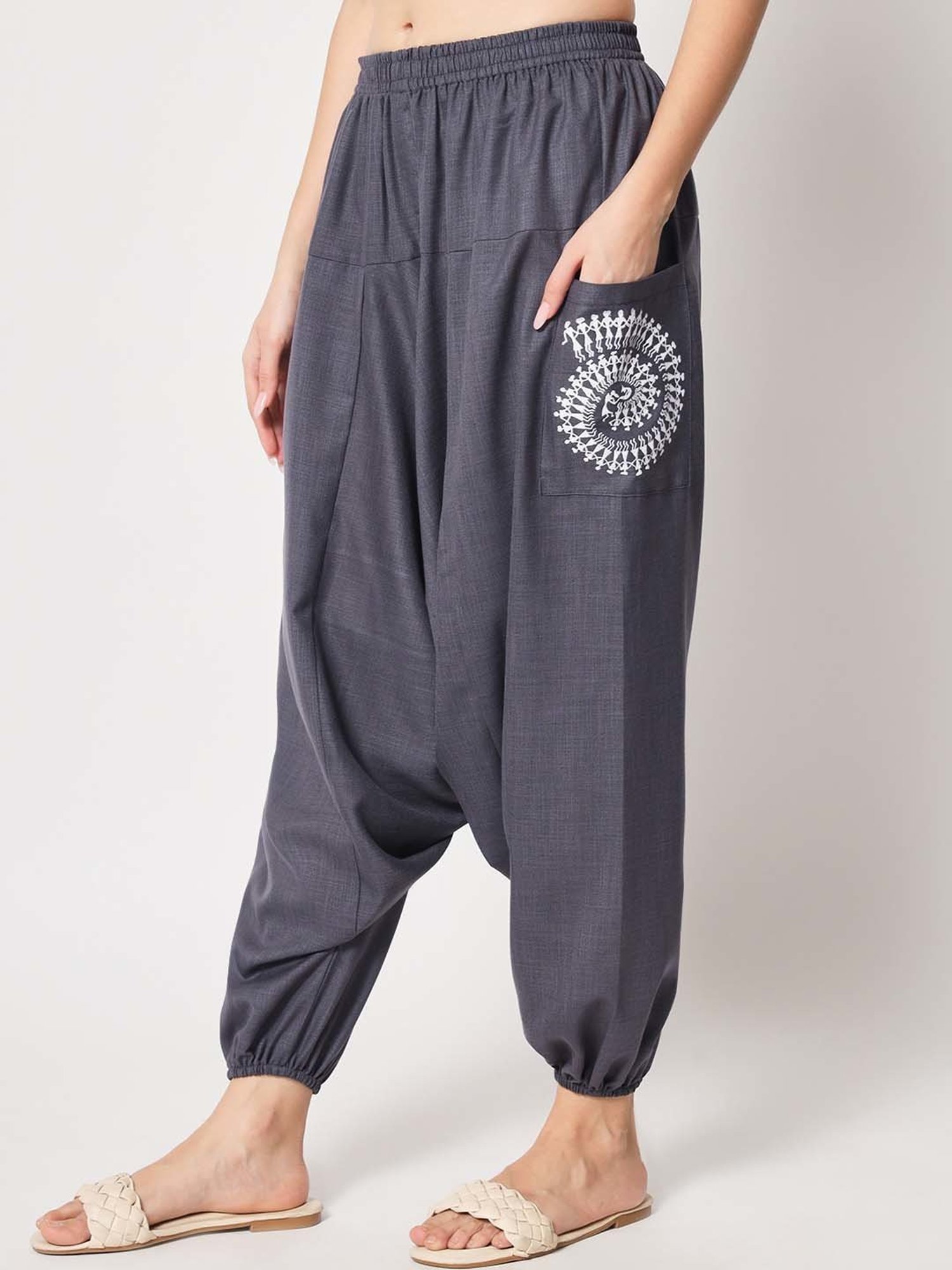 9rasa Grey Cotton Printed Drop-Crotch Pants