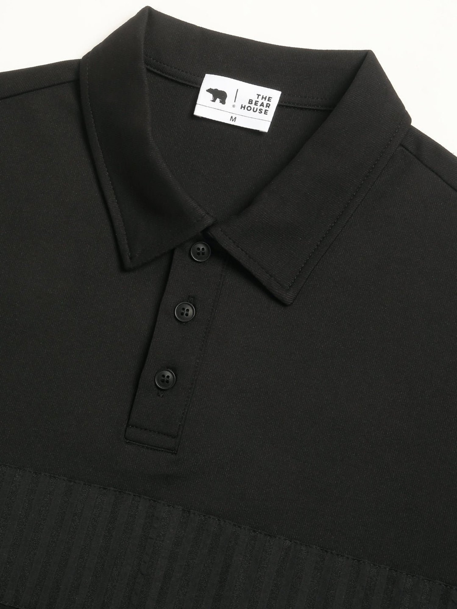 The Bear House Black Slim Fit Self Pattern Polo T-Shirt