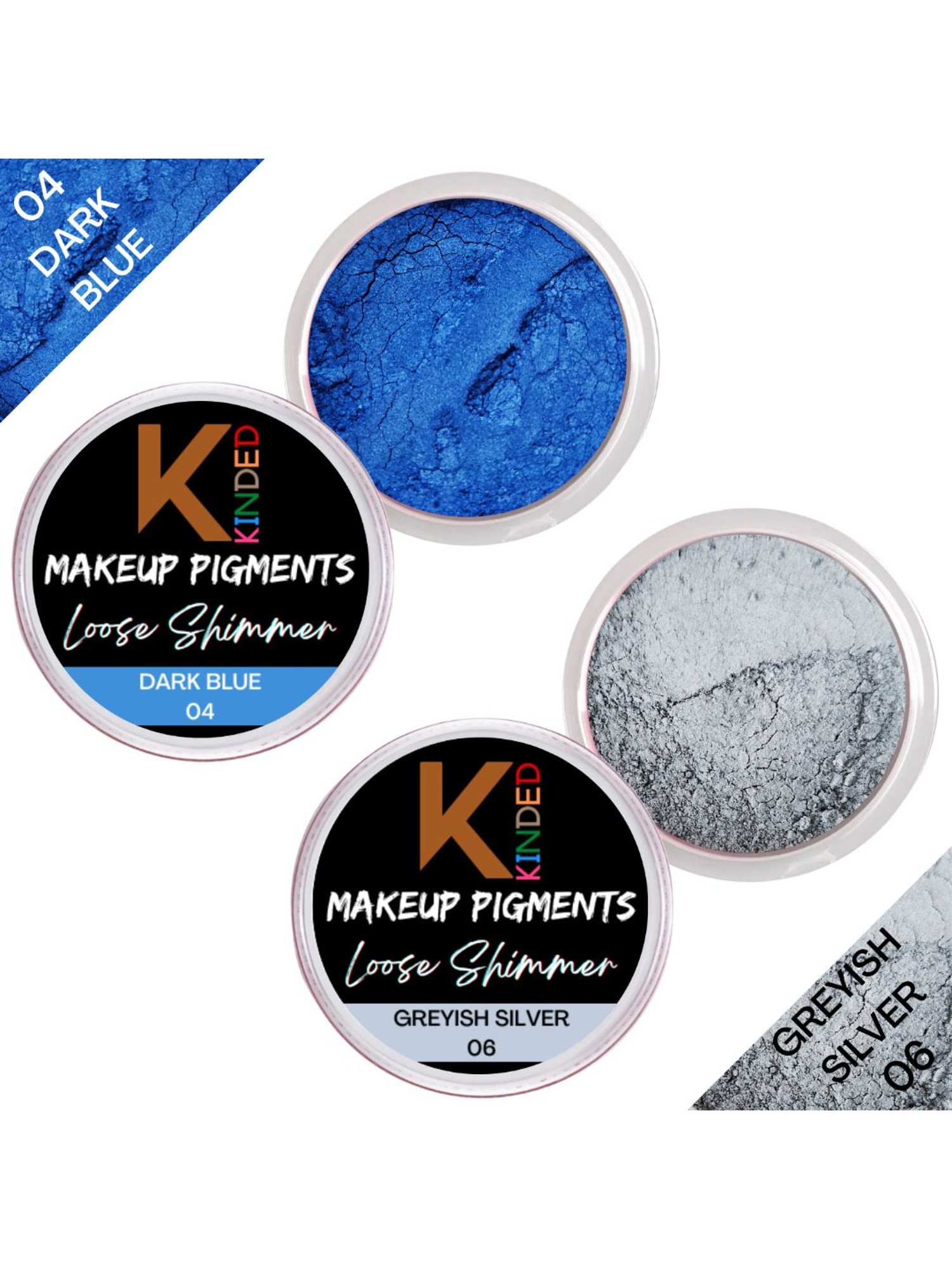 KINDED Makeup Pigments Loose Shimmer Powder Eyeshadow 04 Dark Blue & 06 Greyish Silver Combo
