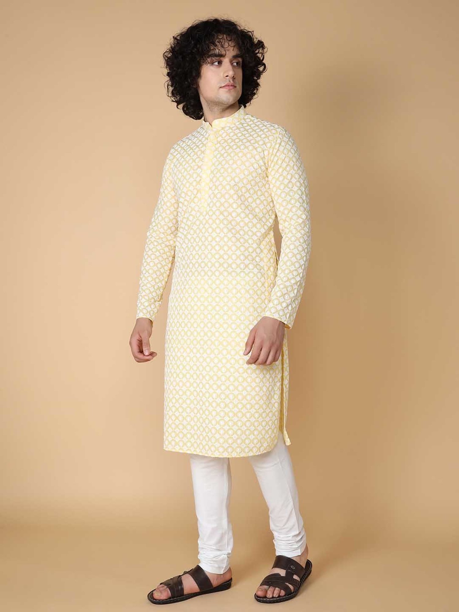 TABARD Light Yellow & White Regular Fit Printed Kurta & Pyjamas Set