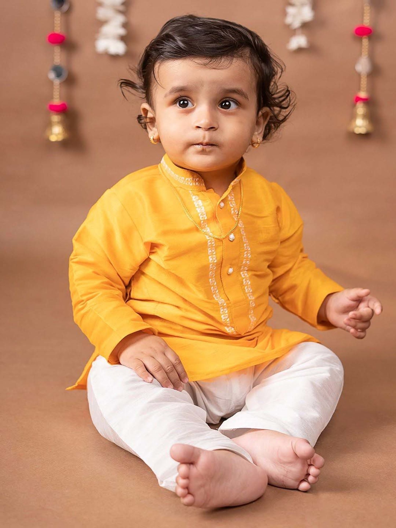 Baby Moo Kids Yellow & White Regular Fit Full Sleeves Kurta Set