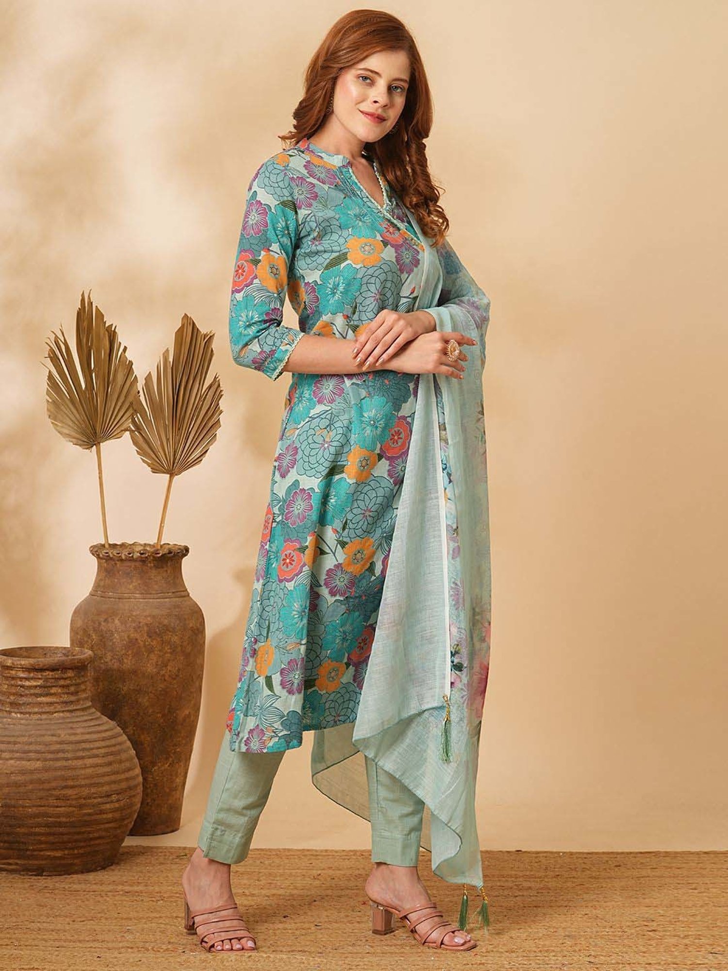 Fashor Mint Green Cotton Floral Print Kurta & Pant Set With Dupatta