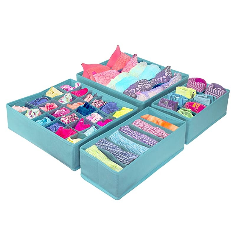Set of 4 Foldable Drawer Dividers, Storage Boxes, Closet Organizers, Under Bed Organizer (Aqua)