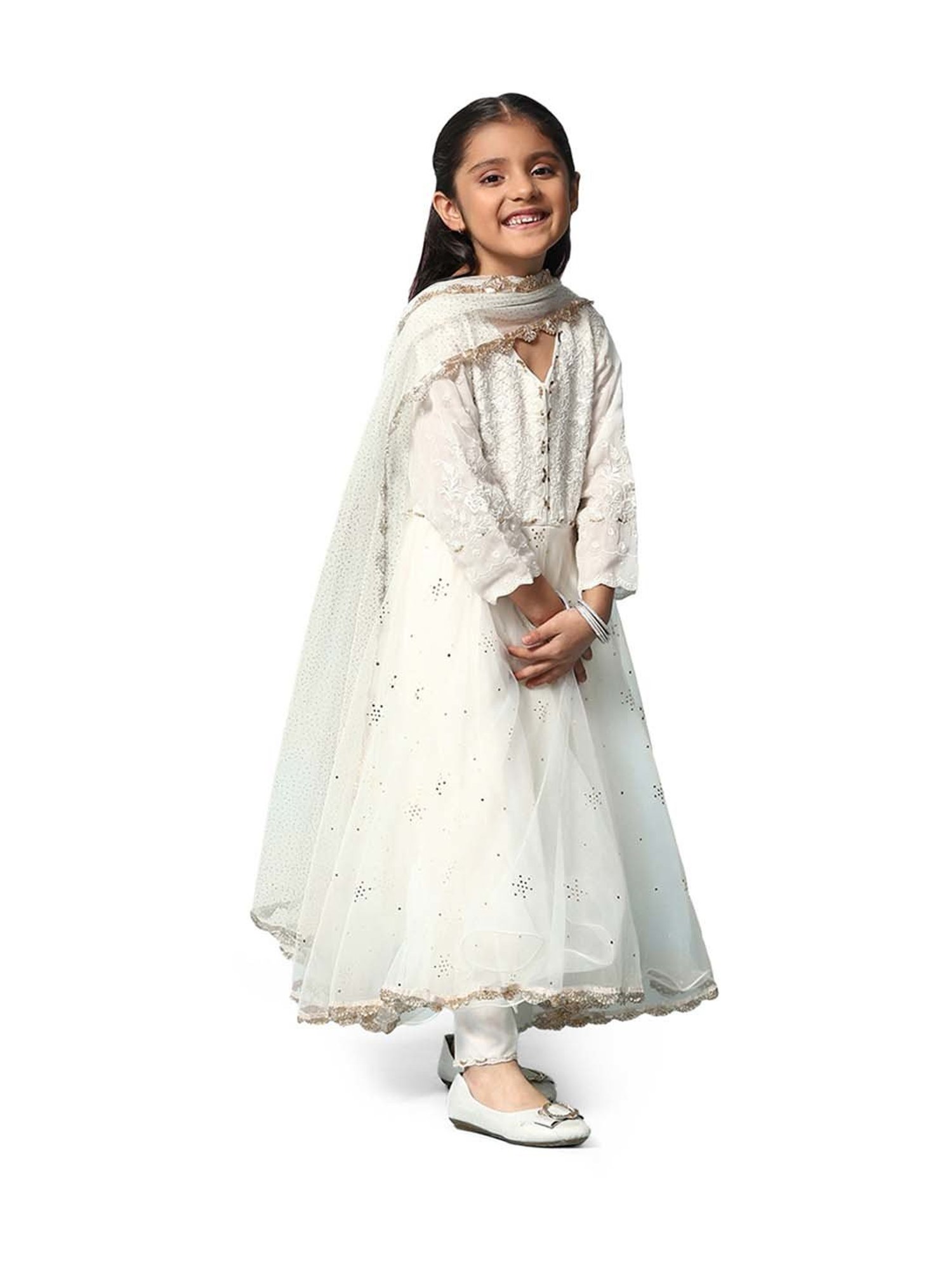 BIBA Girls Off-White Embroidered Full Sleeves Kurta Set