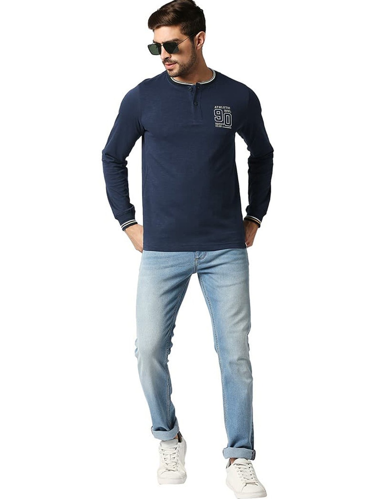 Basics Dress Blue Cotton Muscle Fit Henley T-Shirt