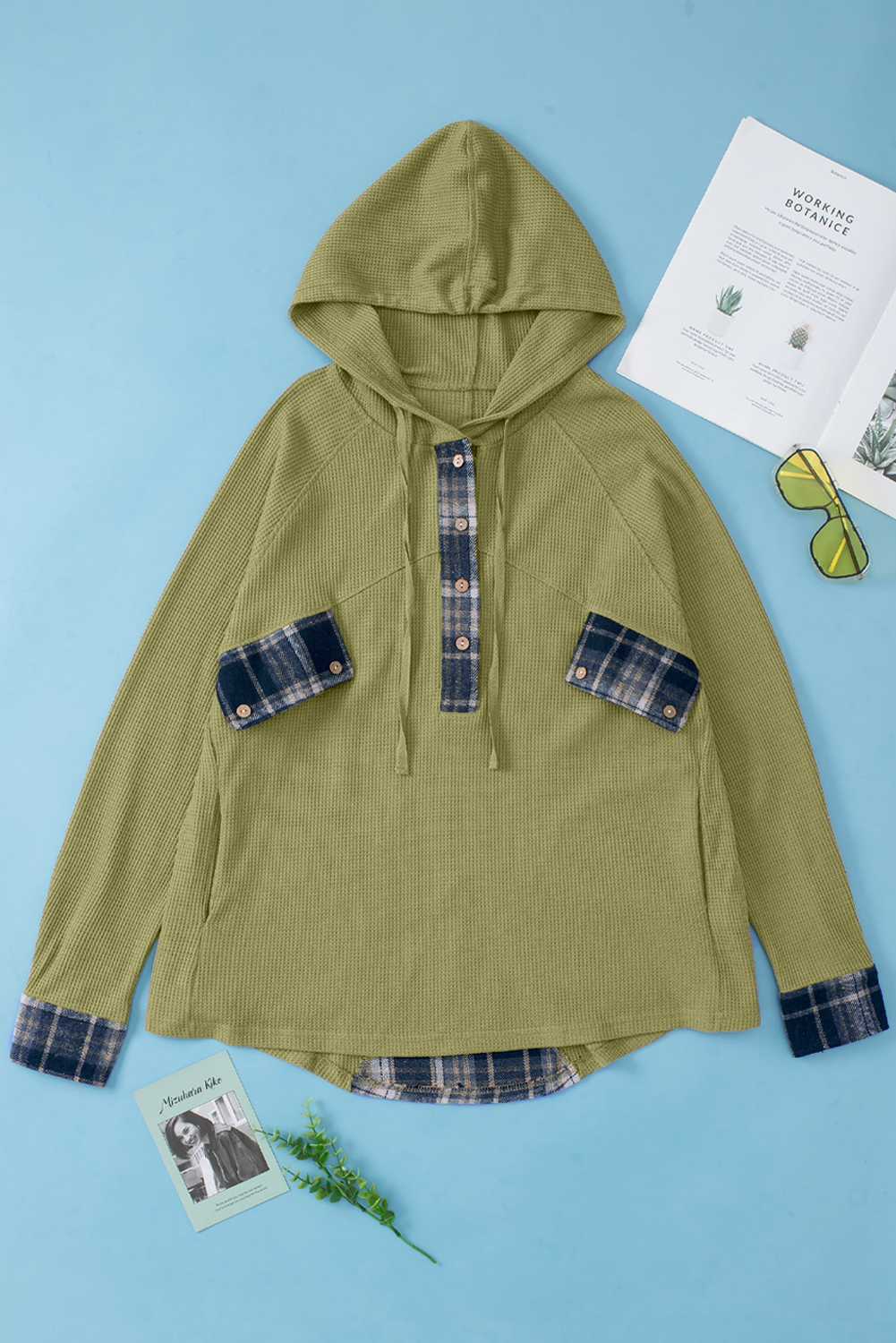 Green Waffle Knit and Flannel Henley Oversized Hoodie