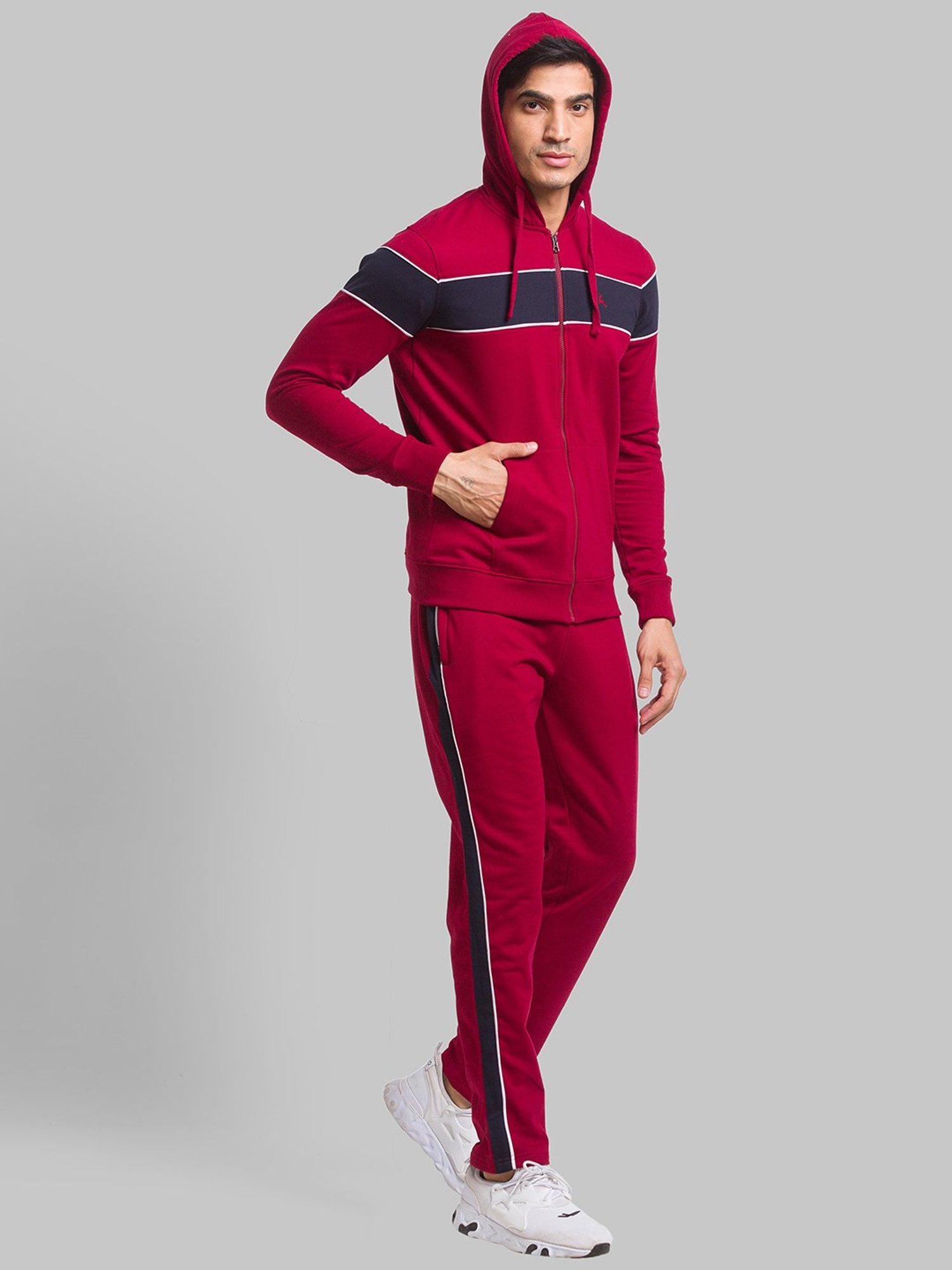 Parx Maroon & Blue Regular Fit Colour Block Tracksuit