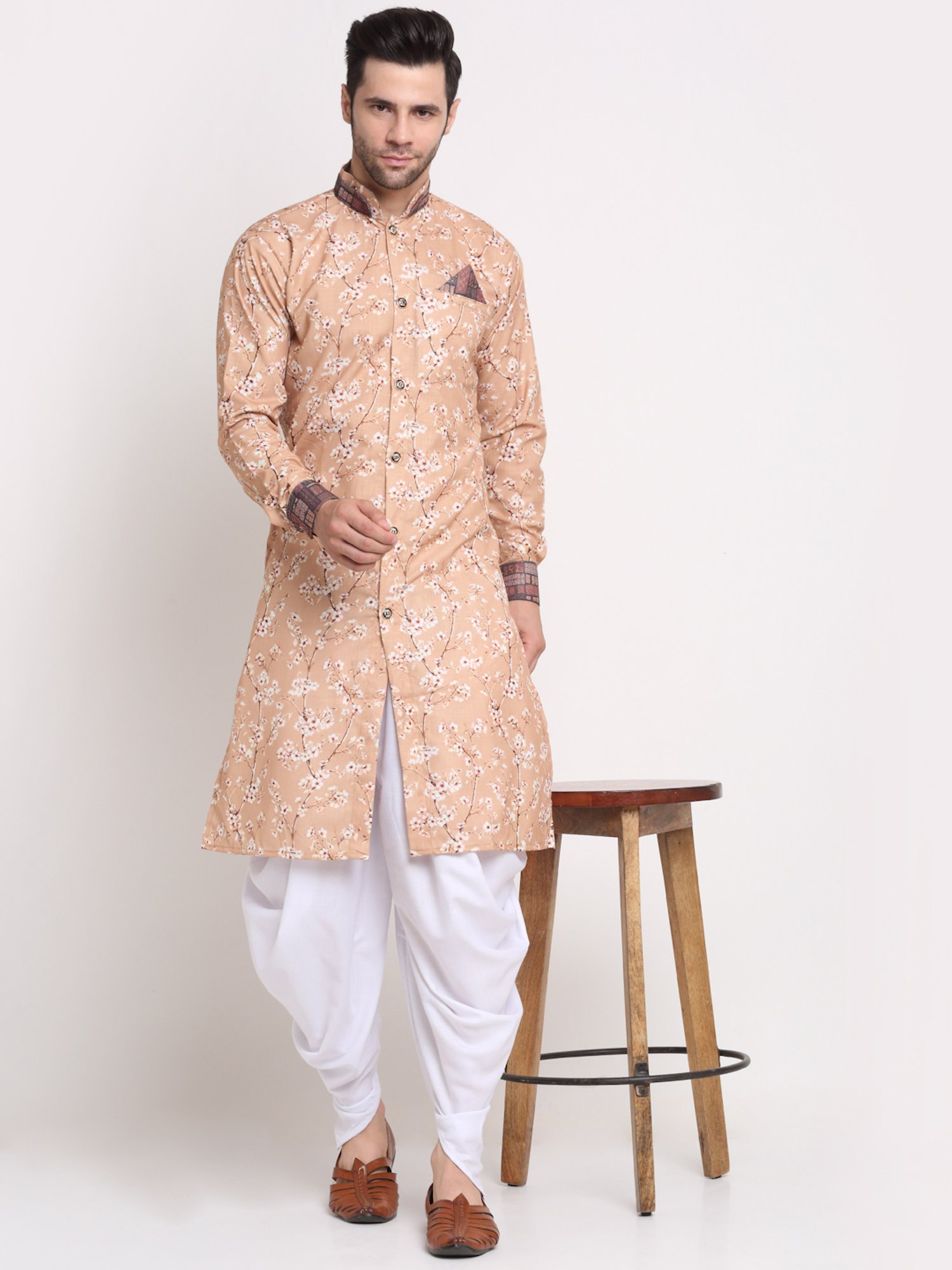 Benstoke Beige & White Cotton Regular Fit Floral Print Sherwani Set