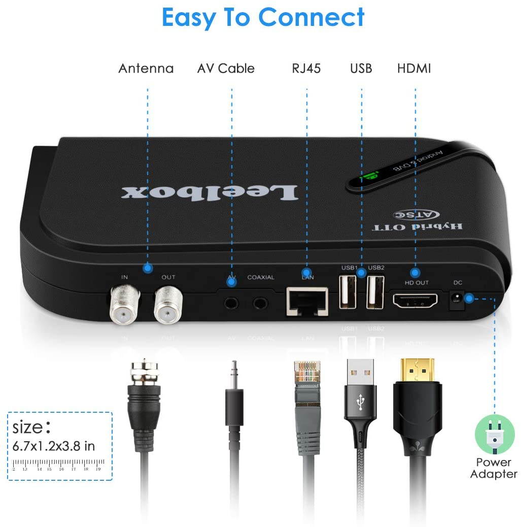 Leelbox Android TV box, 1080P ATSC converter box, recording PVR, USB multimedia playback, web browsing, support for 2.4G WiFi/3D/H.265 video decoding (gold version), black, LBX OTT-ATSC Q5 US